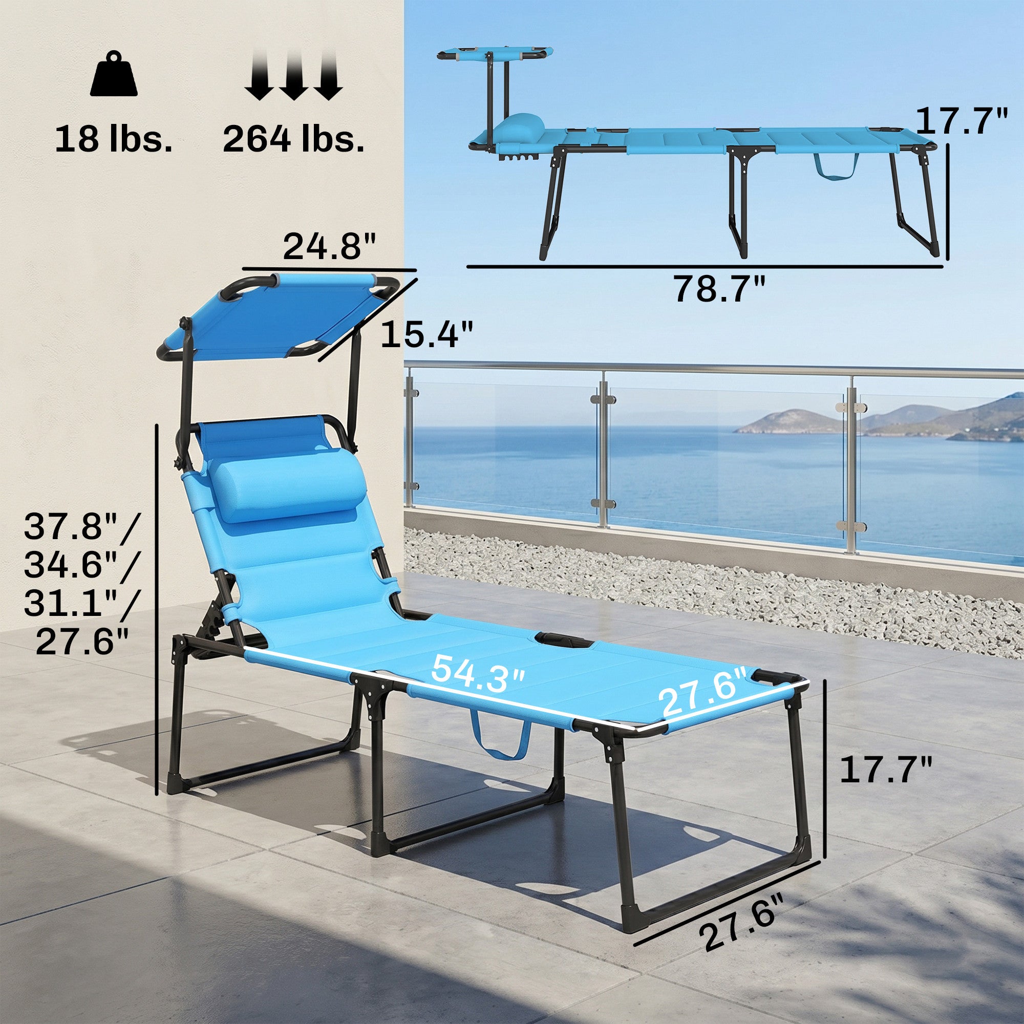 Outdoor Lounge Chair, 4 Position Adjustable Backrest, Folding, Cushioned w/ Sun Shade Roof & Pillow, Blue