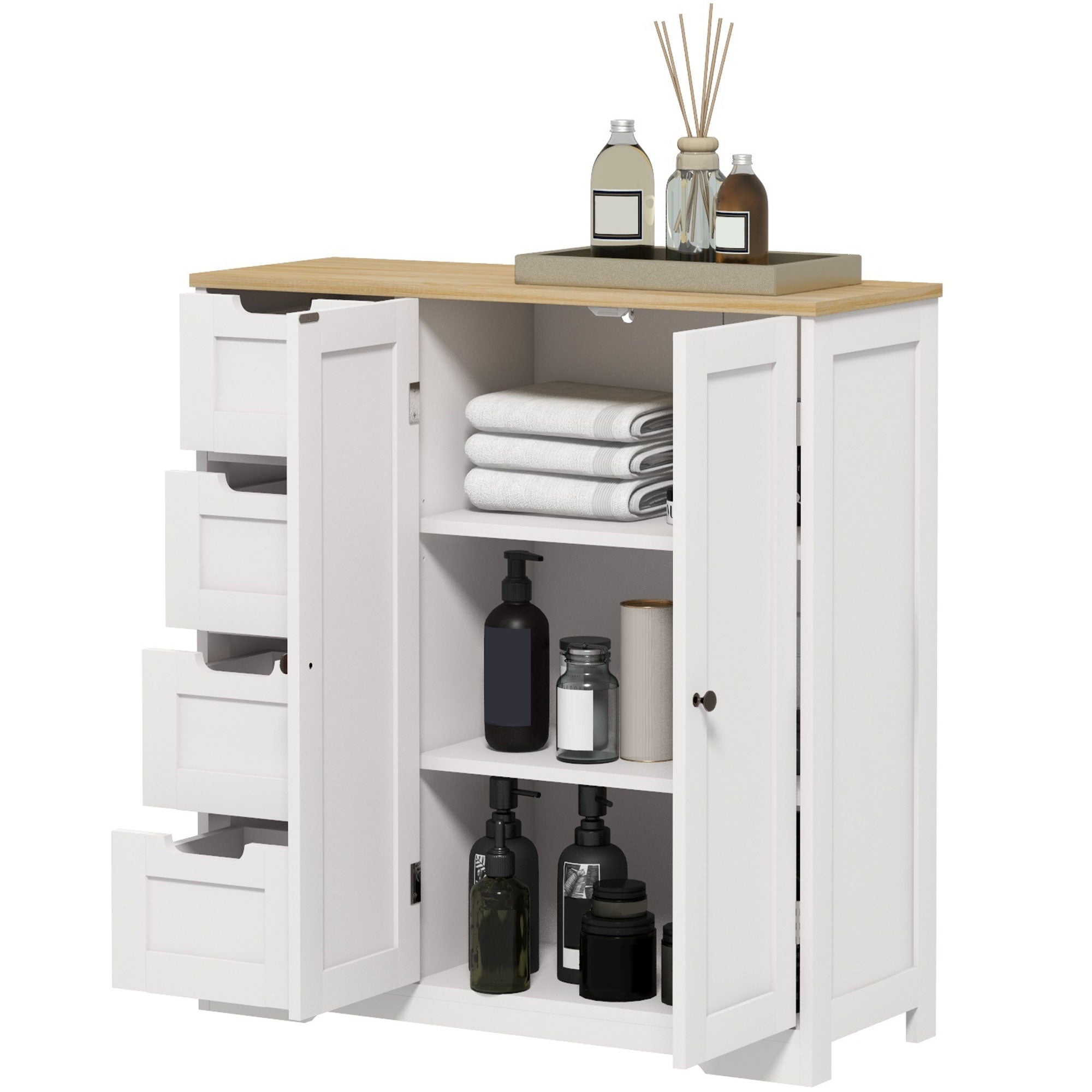 Freestanding Bathroom Floor Cabinet, Modern Bathroom Cabinet with Adjustable Shelf, 4 Drawers and 2 Doors, White