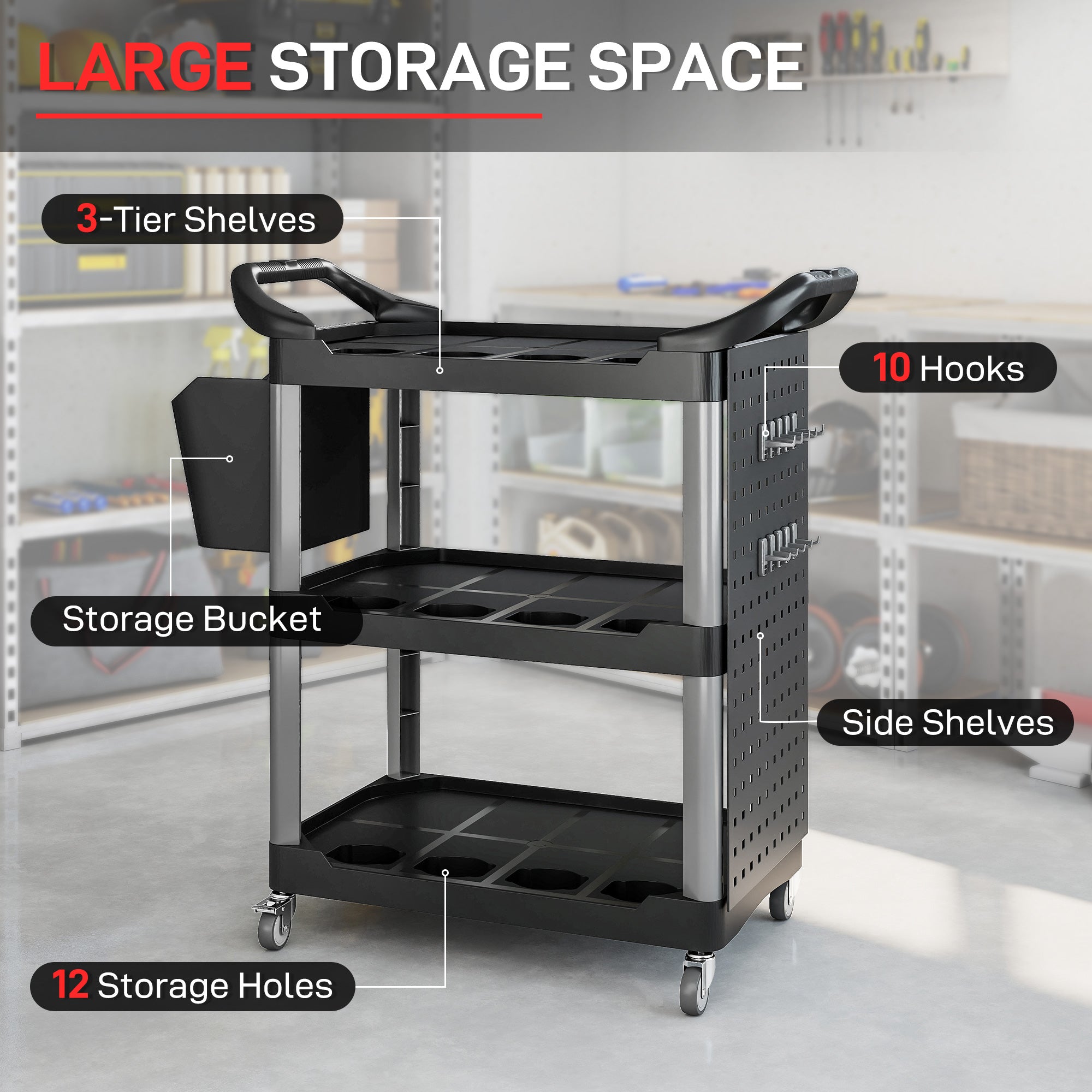 3-Tier Rolling Tool Cart, 200 LBS Capacity Plastic Utility Cart with Side Shelf and Bucket, Black and Light Gray