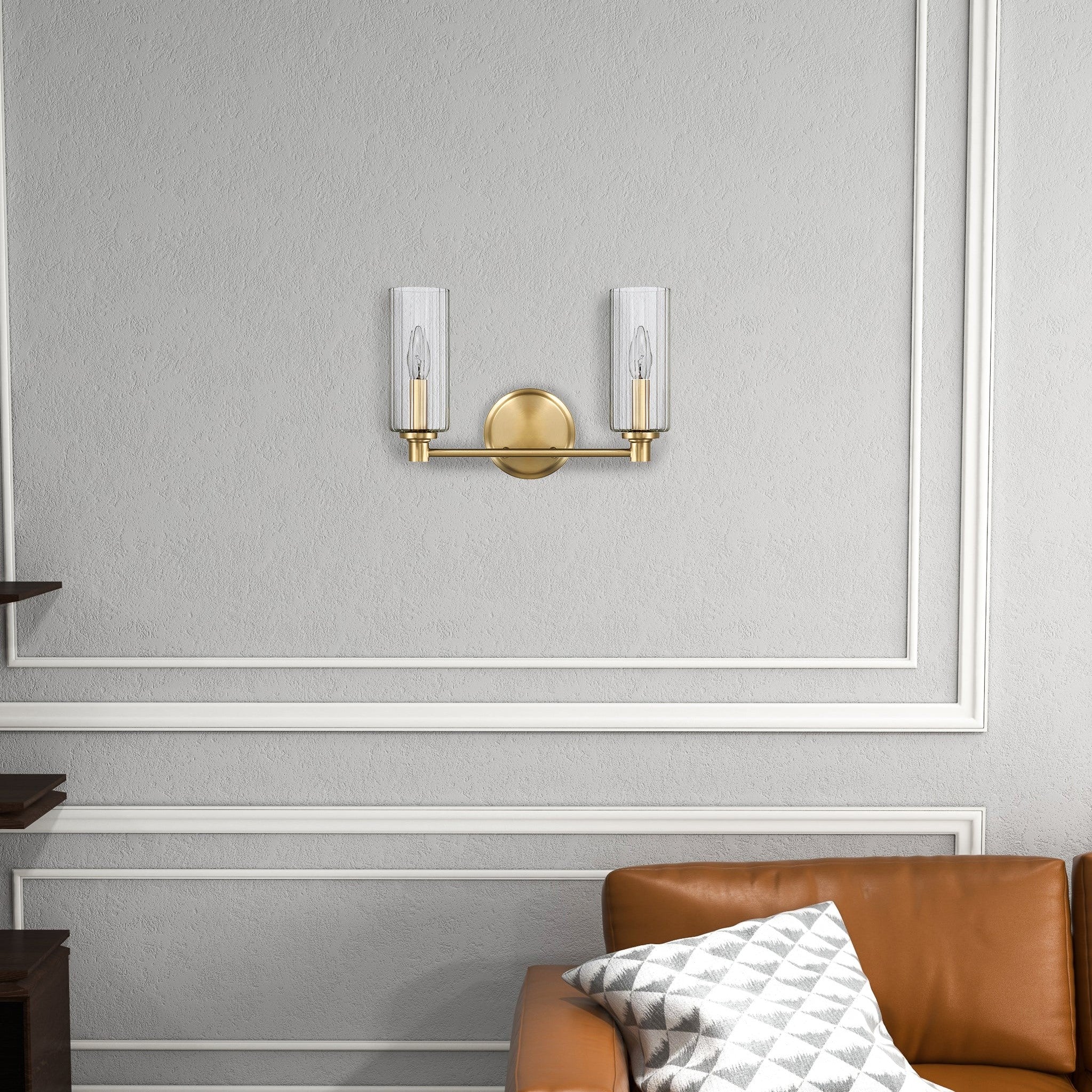Regal Double Light Vanity with Clear Ribbed Glass, Satin Brass Finish, 15" L x 5" W x 10" H, Antique Brass+Clear