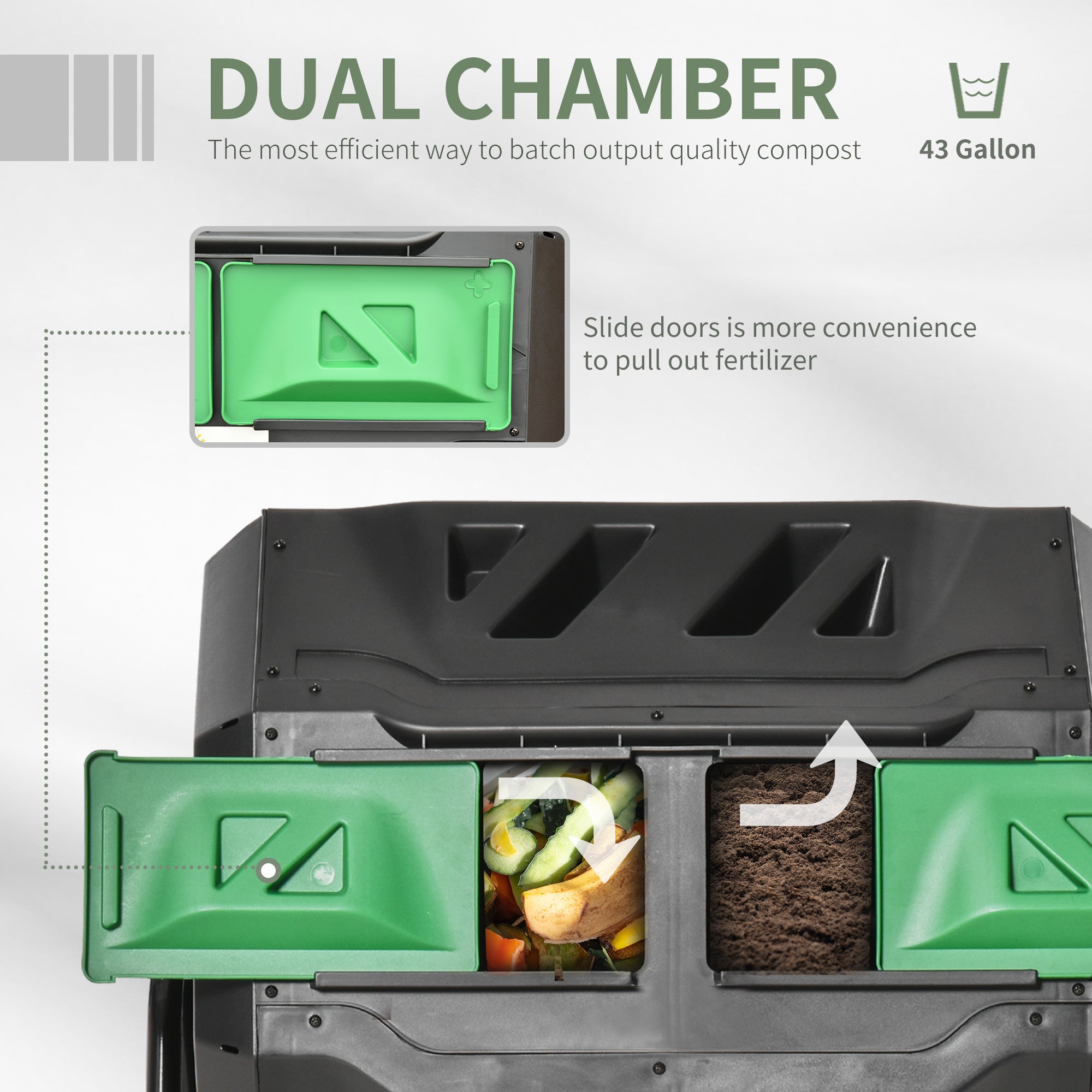 Tumbling Compost Bin Outdoor 360° Dual Chamber Rotating Composter 43 Gallon, Green