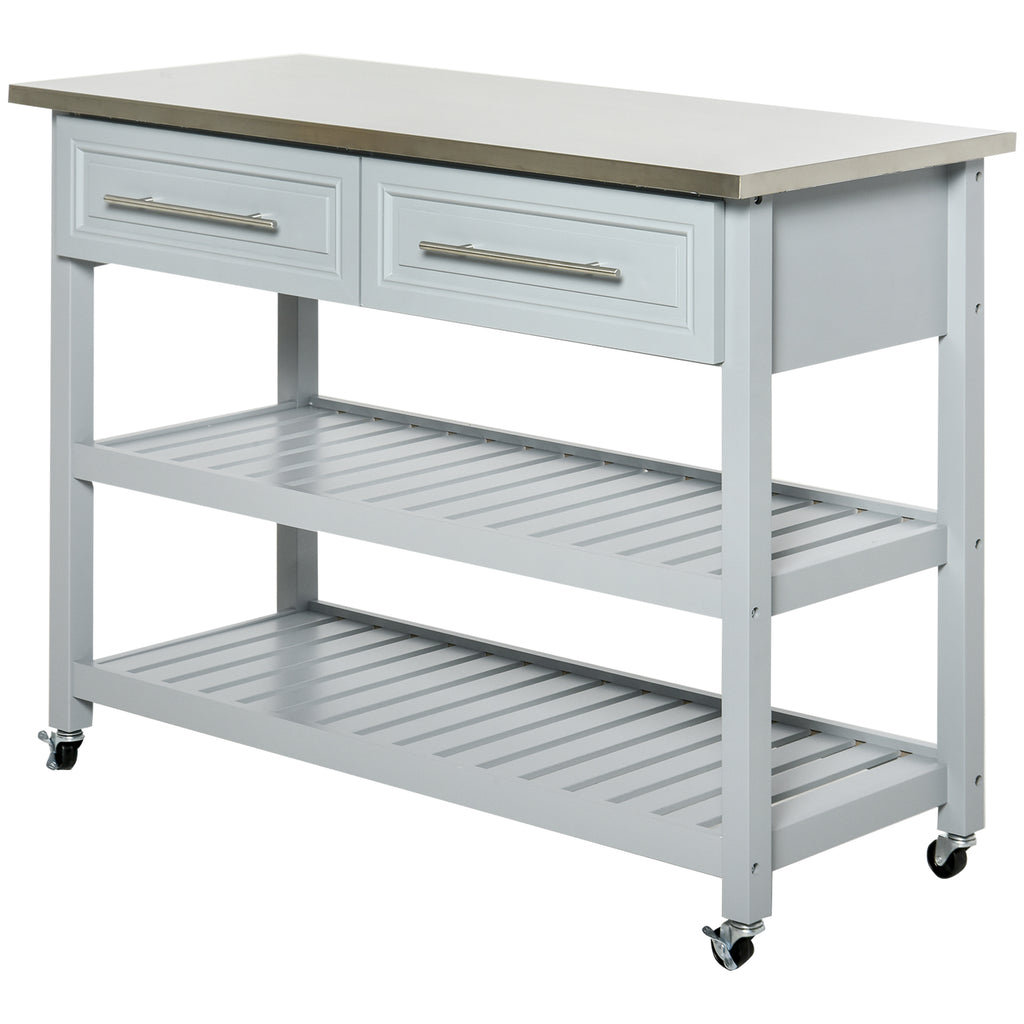 Kitchen Island with Stainless Steel Top, Traditional Kitchen Island with Storage, Butcher Block Cart 2-Tier Open Shelves, Drawers, Light Gray
