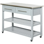 Kitchen Island with Stainless Steel Top, Traditional Kitchen Island with Storage, Butcher Block Cart 2-Tier Open Shelves, Drawers, Light Gray