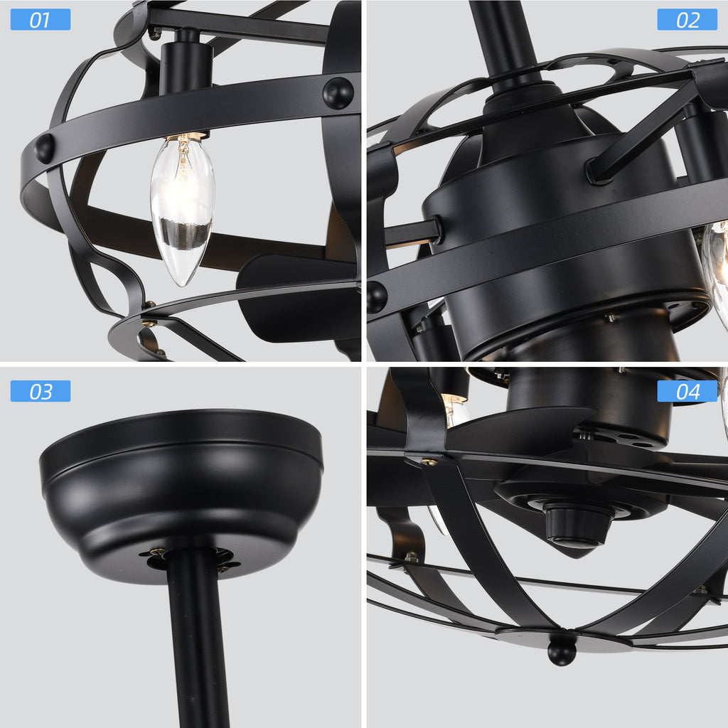 Industrial Bladeless Ceiling Fan with Lights, 18" Caged Design, Reversible Motor, Remote Control, Downrod Mount, E12 Standard Base, Matte Black
