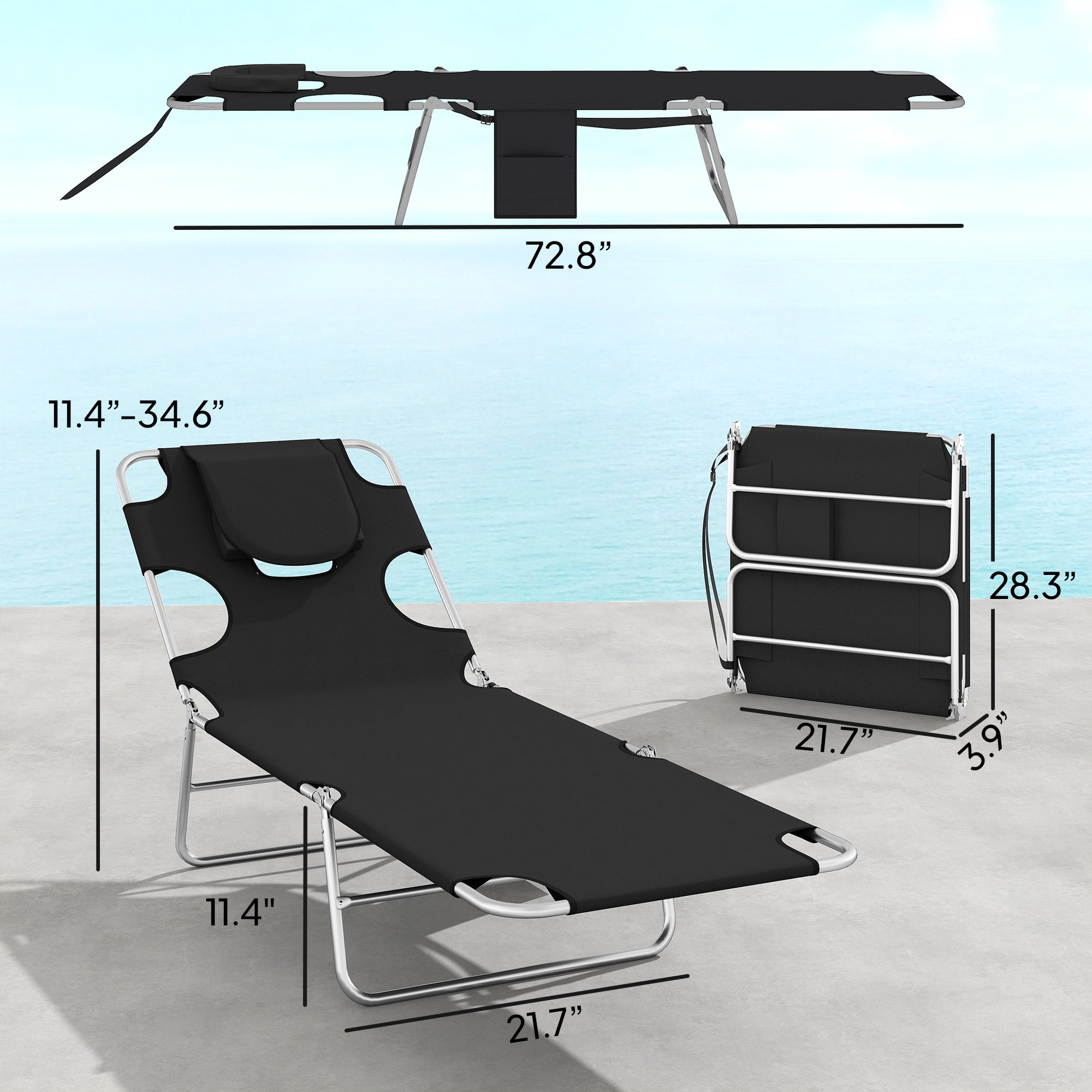 2 Tanning Chairs with Face Hole, 5-Level Adjustable Outdoor Chaise Lounge Chair with Pillow for Beach, Pool, Black