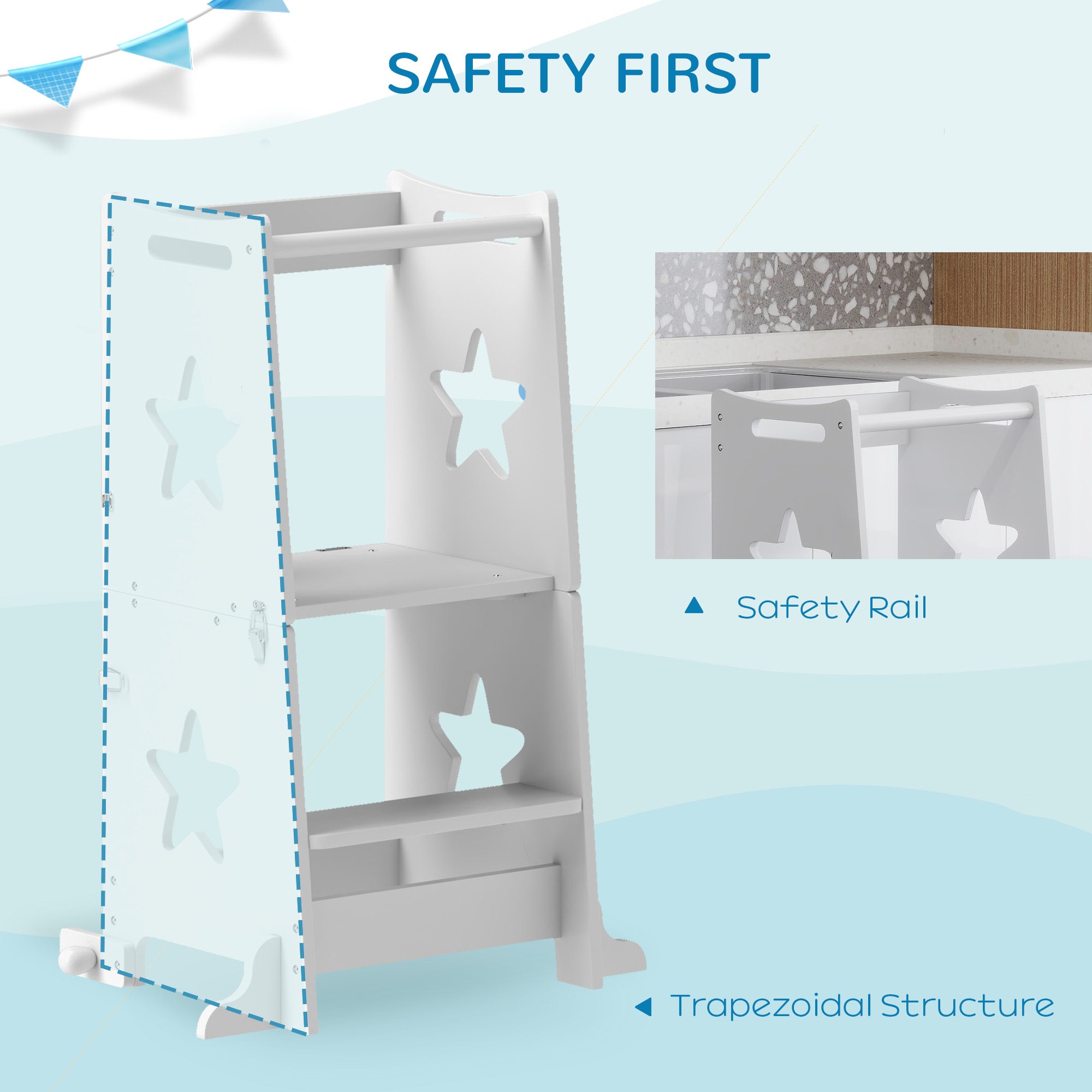2 in 1 Toddler Tower with Safety Rail for Bathroom, Sink, Kitchen or Counter, White