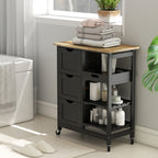 Rolling Kitchen Cart, Kitchen Island with Wood Top, Shelves & Drawers for Dining Area, Black