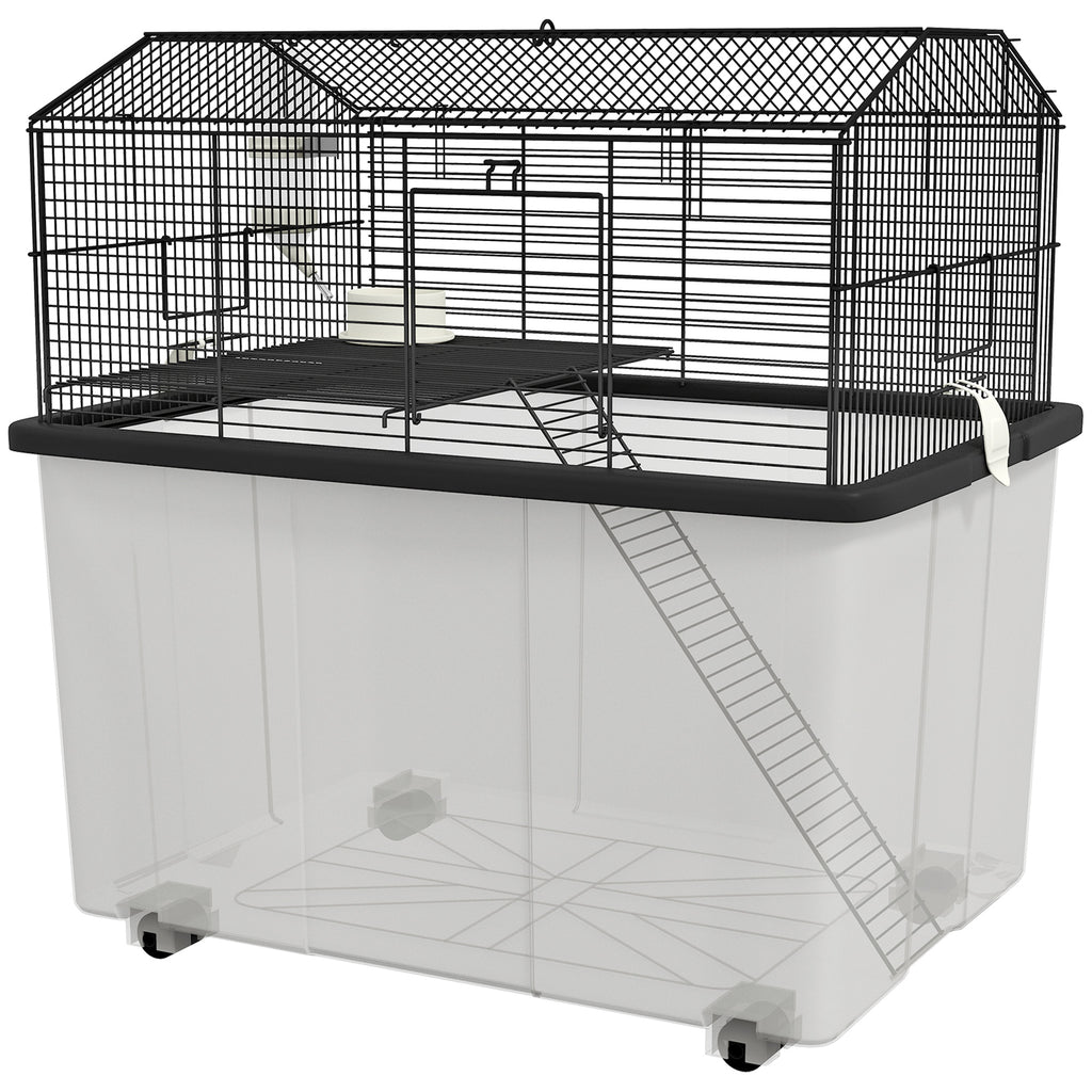 22" 2-Tier Hamster Cage with Extra-Deep 14" Base, Small Animal Cage with Ramp, Water Bottle, Food Dish, Wheels, Black