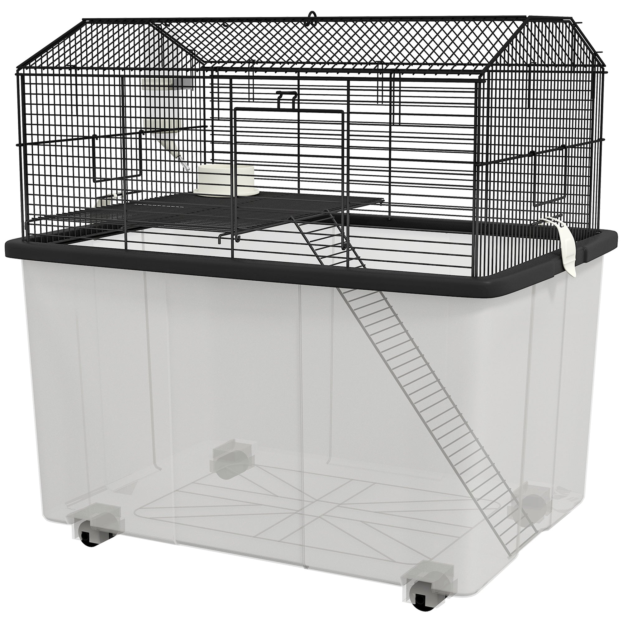 22" 2-Tier Hamster Cage with Extra-Deep 14" Base, Small Animal Cage with Ramp, Water Bottle, Food Dish, Wheels, Black
