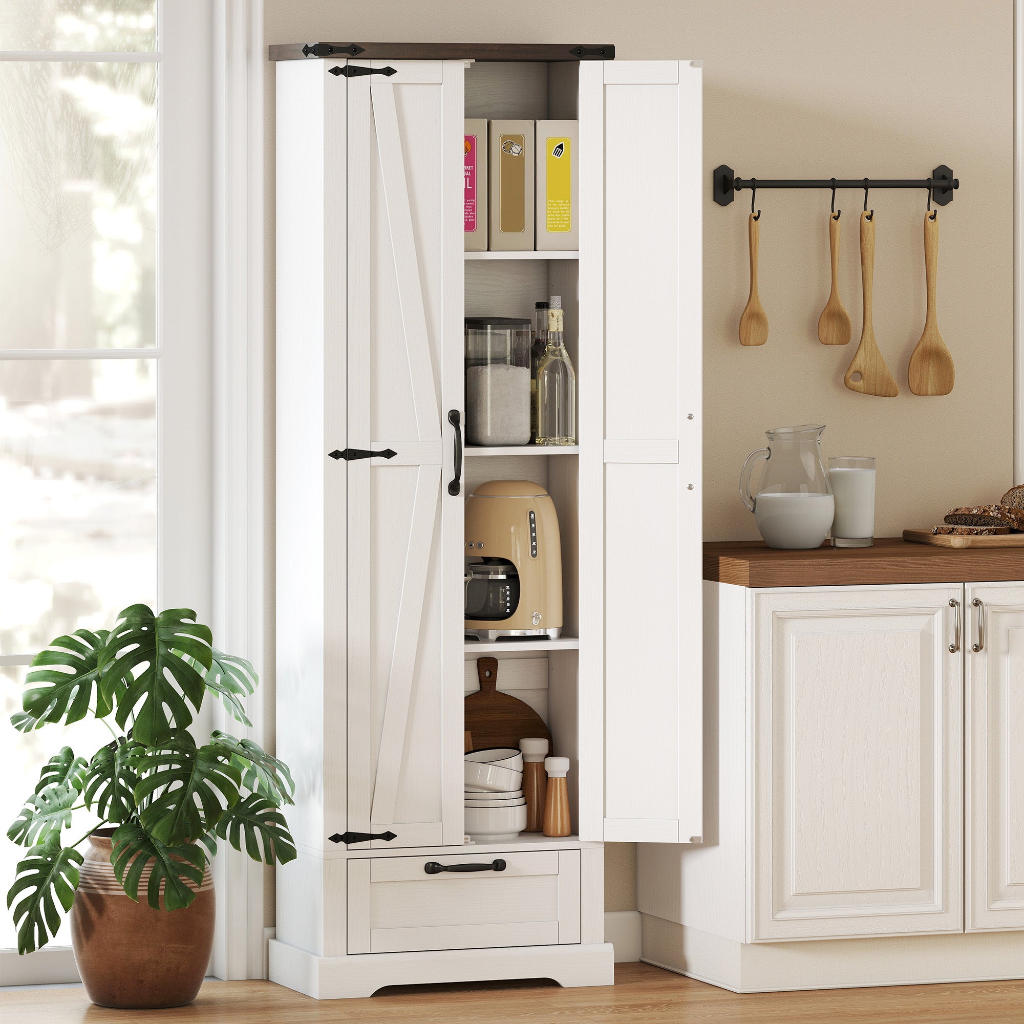 71" Pantry Cabinet, Kitchen Storage Cabinet with Adjustable Shelves, Barn Doors and Drawer for Dining Room, White