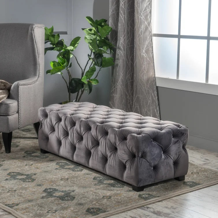 Contemporary Glam Rectangle Padded Ottoman with Cushioned Top, Sturdy Frame, and Space-Saving Design, 50.75" L x 18.75" W x 15.75" H, Grey