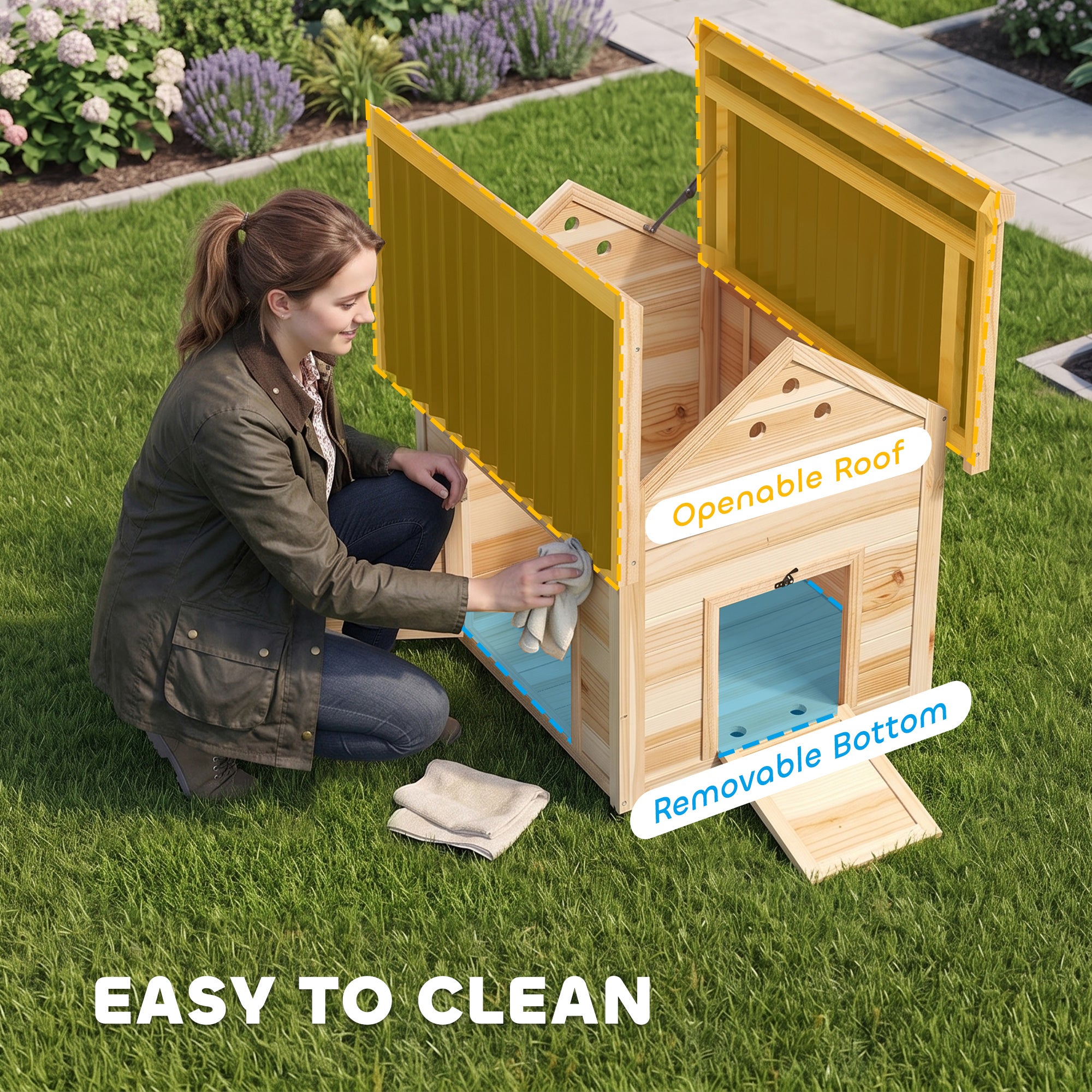 Duck Coop, Wooden Duck House with Openable Roof & Double Doors, Natural Wood