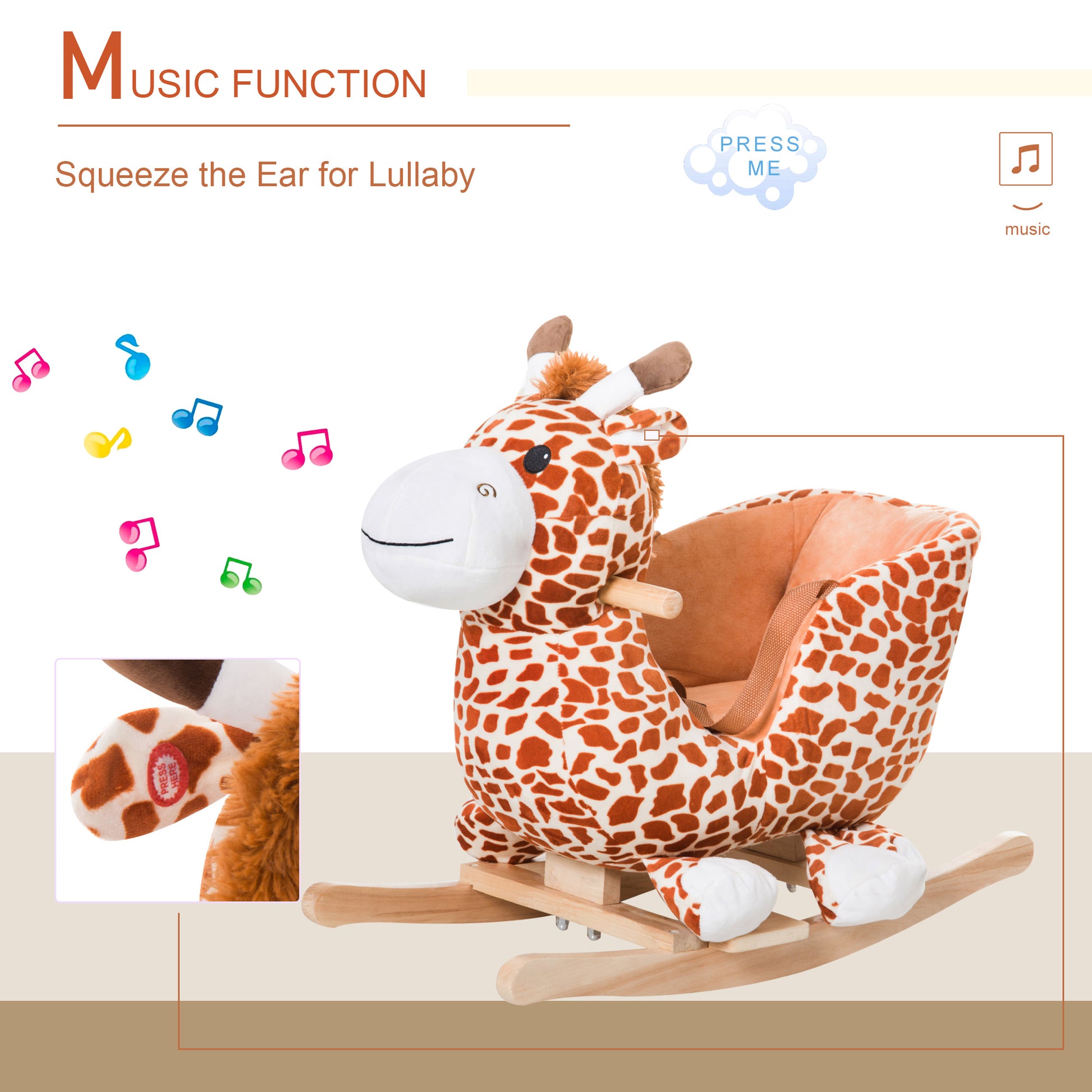 Kids Plush Rocking Horse Giraffe Style Themed Ride-On Chair Toy With Sound Brown