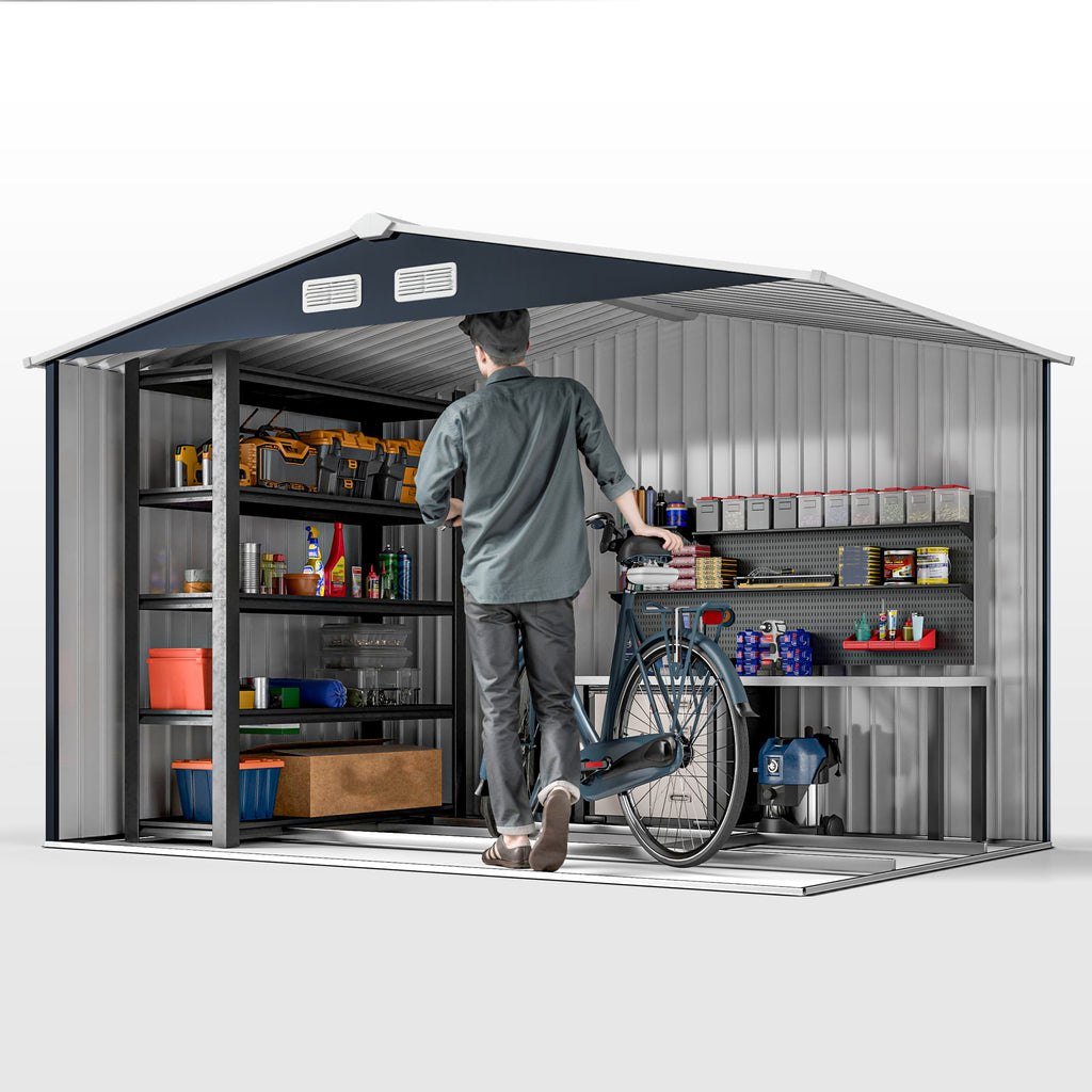 9' x 6' Outdoor Storage Shed, Garden Tool Metal Shed with Foundation Kit, Dark Gray