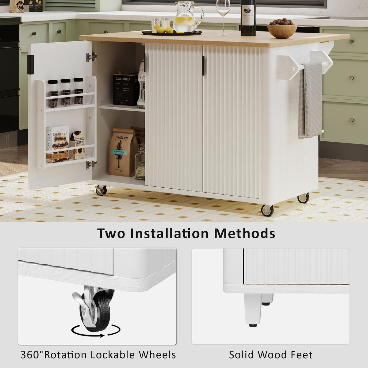 Fluted Kitchen Island with Drop Leaf, Internal Storage Rack, Rolling Kitchen Cart with Towel Rack, Adjustable Shelves, Smooth Curved Edge, White