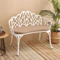 Patio Garden Bench with Floral Tulip Design, Cushion, Ergonomic Outdoor Park Bench with Cast Aluminum Frame, 39" L x 21.5" W x 31" H, White