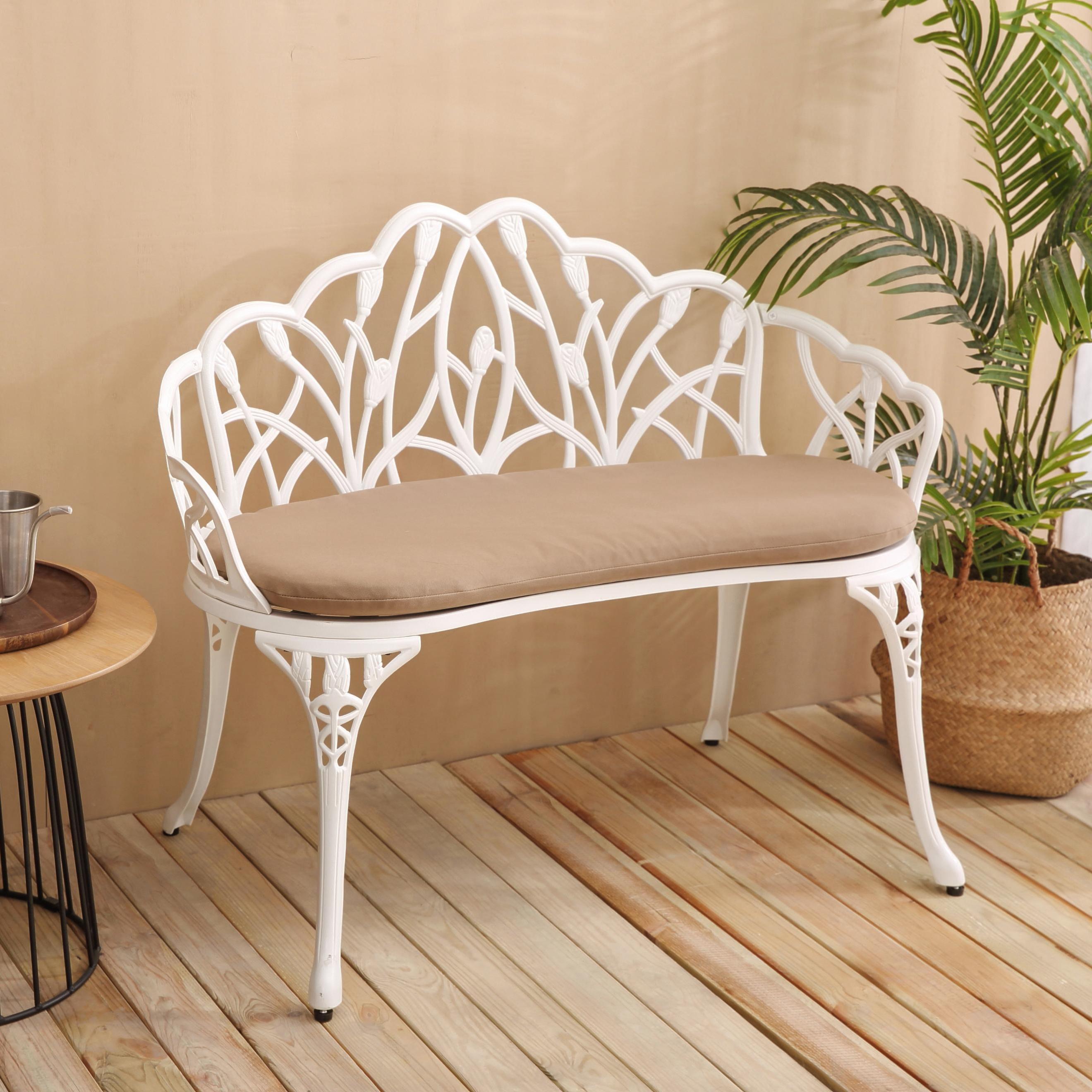Patio Garden Bench with Floral Tulip Design, Cushion, Ergonomic Outdoor Park Bench with Cast Aluminum Frame, 39" L x 21.5" W x 31" H, White