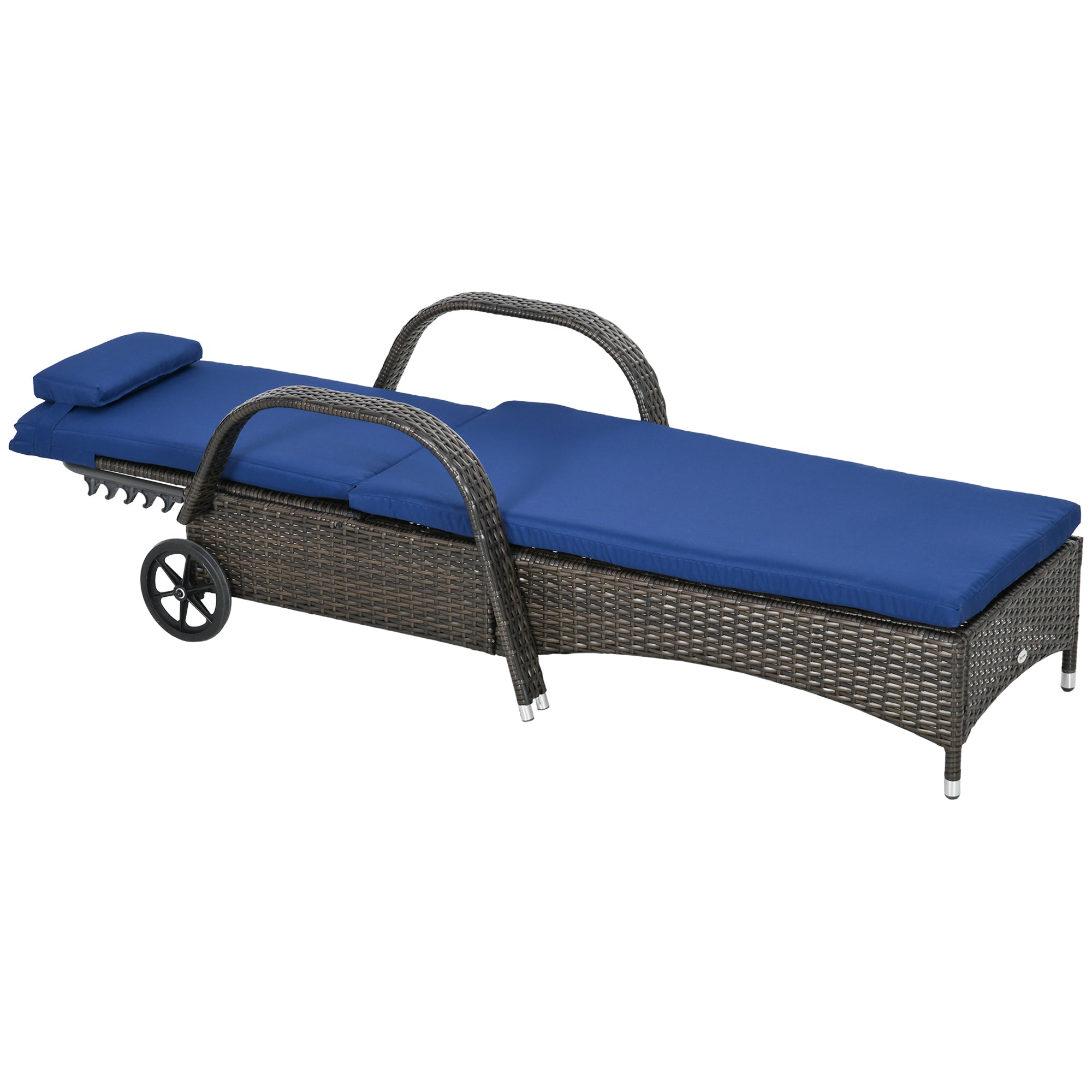 Reclining Chaise Lounge Chair, Rolling Outdoor Chair with Cushion, Pillow, Headrest, Armrests, and Wheels, Brown
