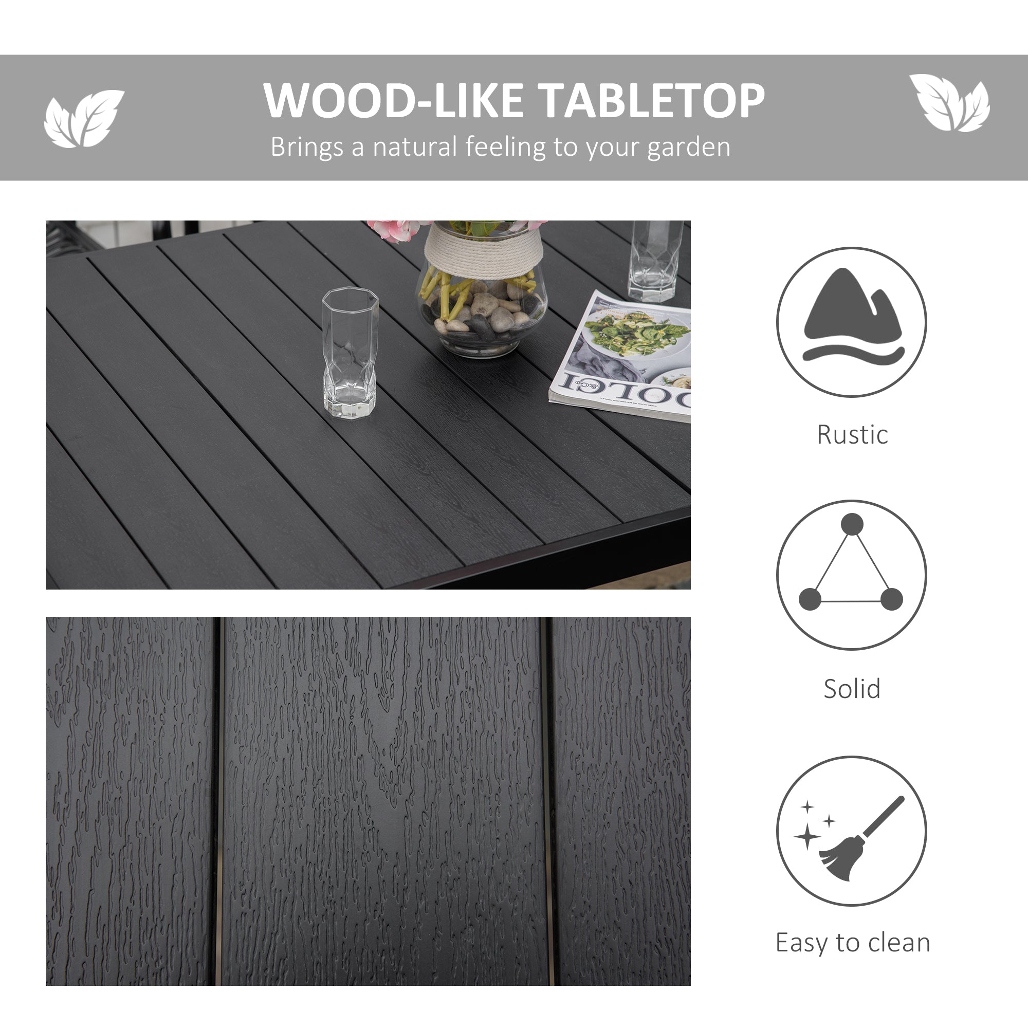 Outdoor Dining Table for 6 Person, Rectangular Patio Table, Aluminum Metal Legs for Garden, Lawn, Patio, Woodgrain Black