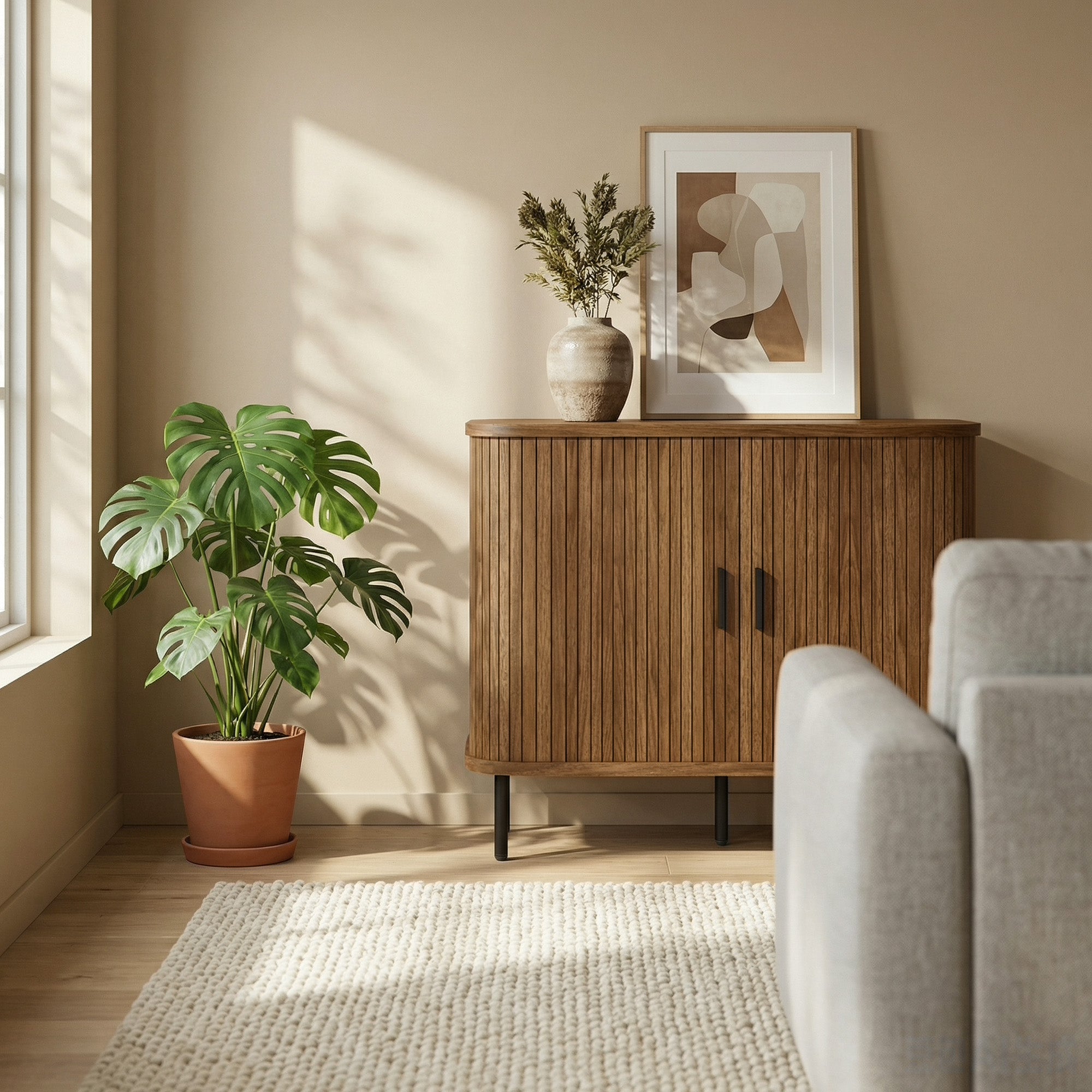 35.4" Sideboard Buffet Cabinet with Storage, Nordic Coffee Bar Cabinet with Slatted Tambour Doors and Metal Legs, Walnut