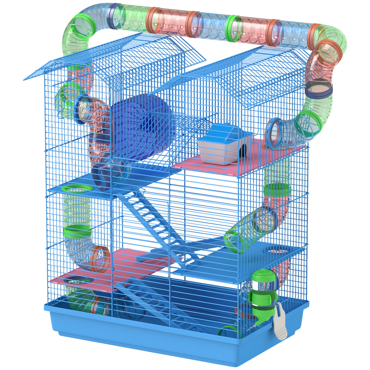 18.5" 5 Tier Hamster Cage with Tubes and Tunnels, Small Animal Cage, Rat Gerbil Cage with Water Bottle, Food Dish, Exercise Wheel, Blue