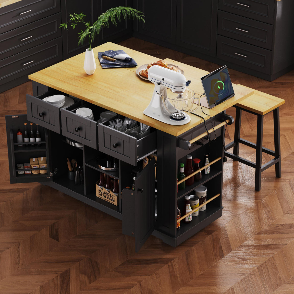 Kitchen Island with Internal Rack, Drop Leaf, Power Outlet, Rolling Cart with Adjustable Shelves and Drawers, 50" L x 29.5" W x 36.5" H, Black