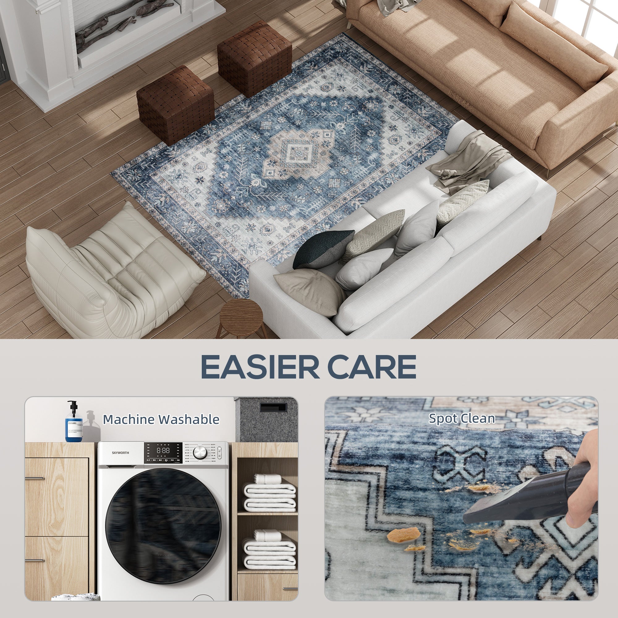 4x6 Area Rug, Vintage Washable Rug, Non-Slip Floor Carpet for Living Room, Bedroom, Dining Room, Blue