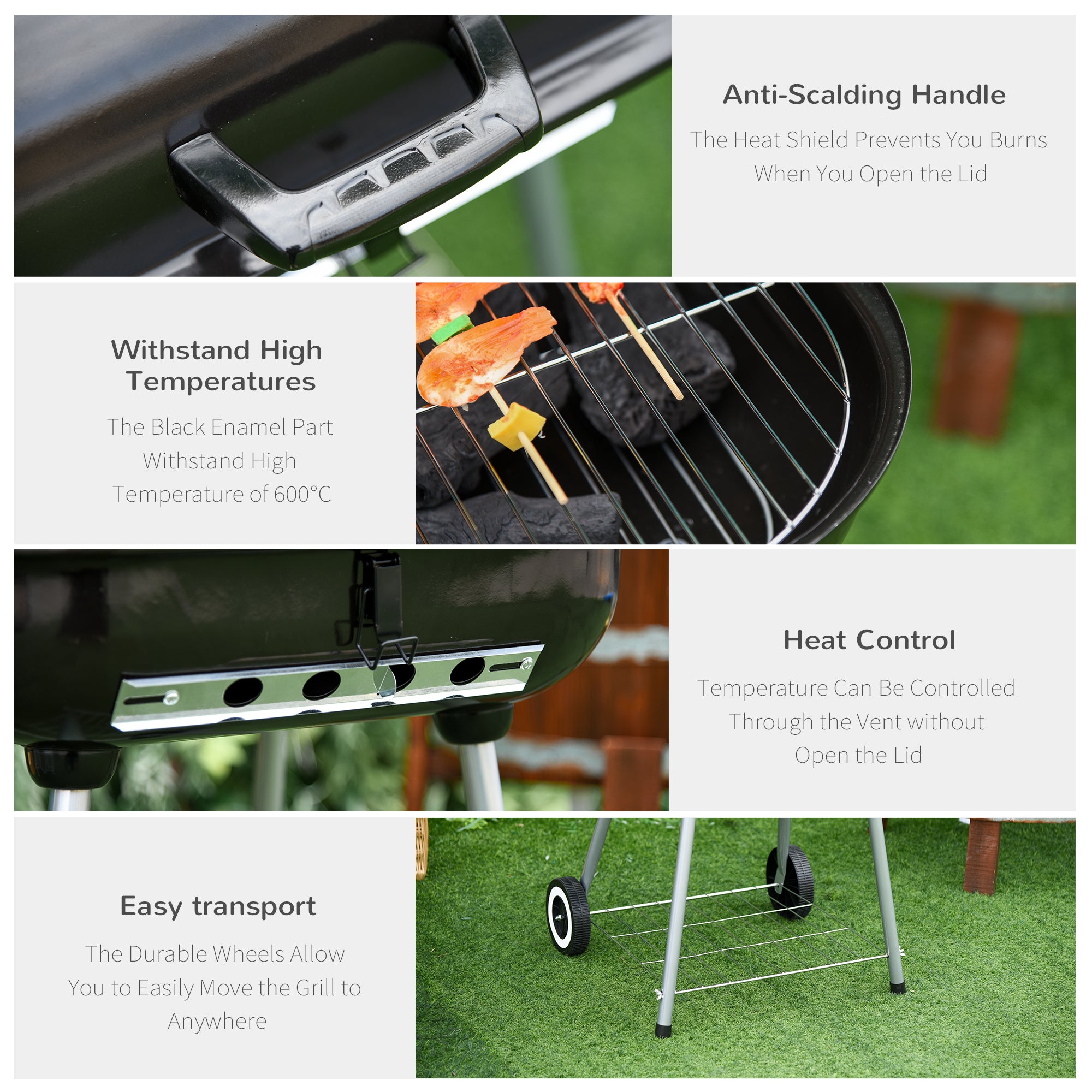 22" Charcoal Barbecue Grill with Portable Wheel, Side Tray and Lower Shelf for Outdoor BBQ for Garden, Backyard, Poolside