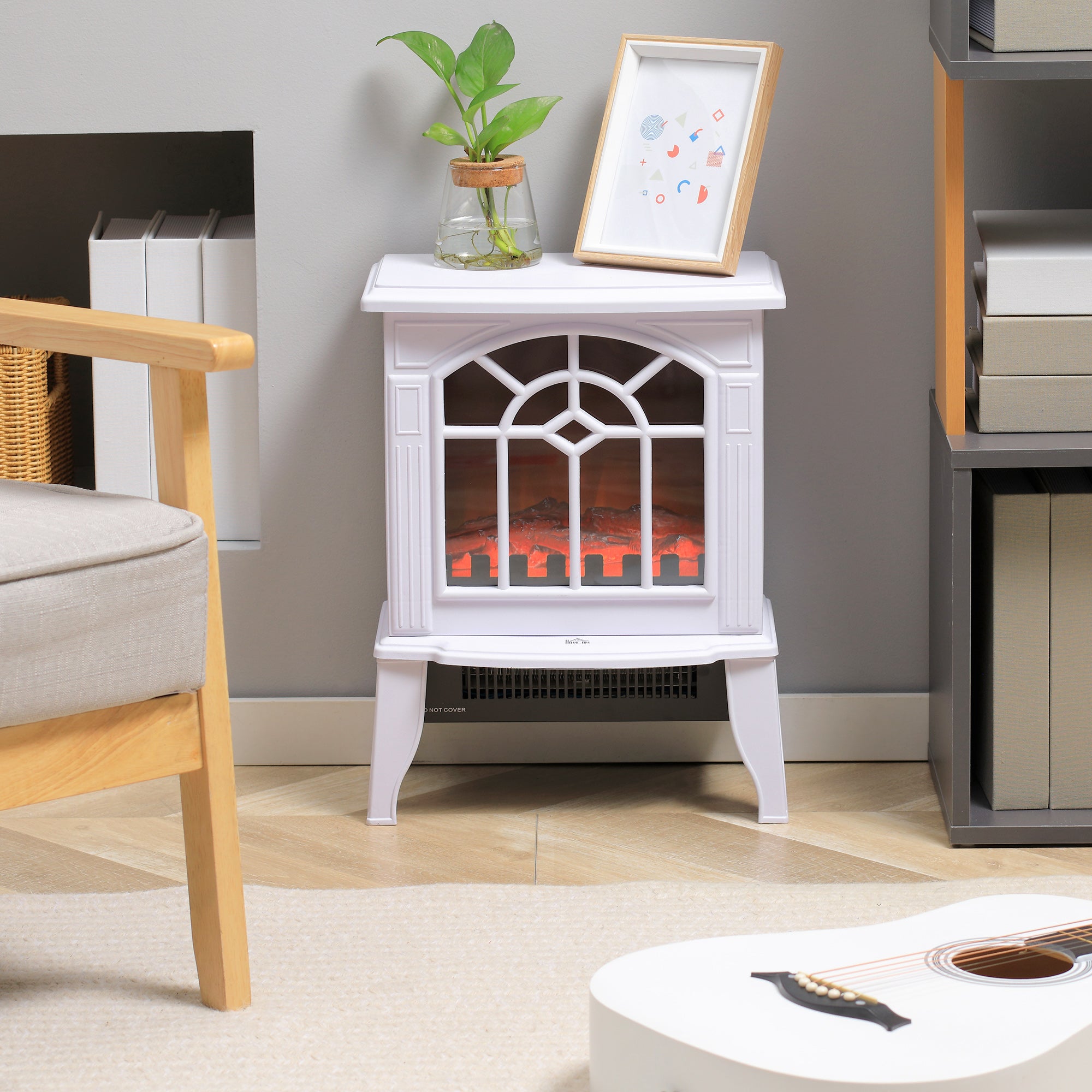 Electric Fireplace Heater, Freestanding Fireplace Stove with Realistic Flames Overheating Protection 750W/1500W, White