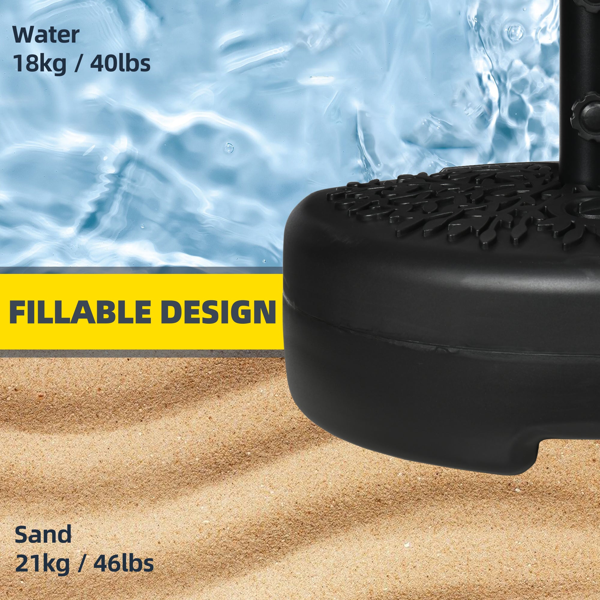 Half Round Umbrella Base, Sand or Water Filled Half Patio Umbrella Stand Holder for Lawn, Deck, Backyard and Garden, 40lb Capacity Water or 46lb Capacity Sand, Fit 1.5"or 2" Pole, Black