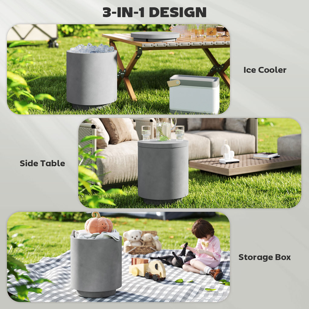 2.6 Gal Outdoor Side Table, 3-In-1 Concrete Cooler Bar Table with Storage, Removable Ice Bucket and Lid, Gray
