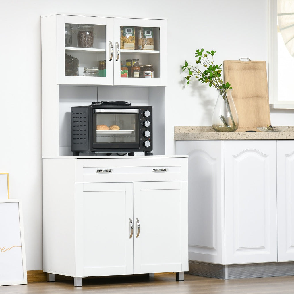67" Buffet with Hutch, Modern Kitchen Pantry, Freestanding Storage Cabinet with Framed Glass Doors, Shelves and Drawers, White