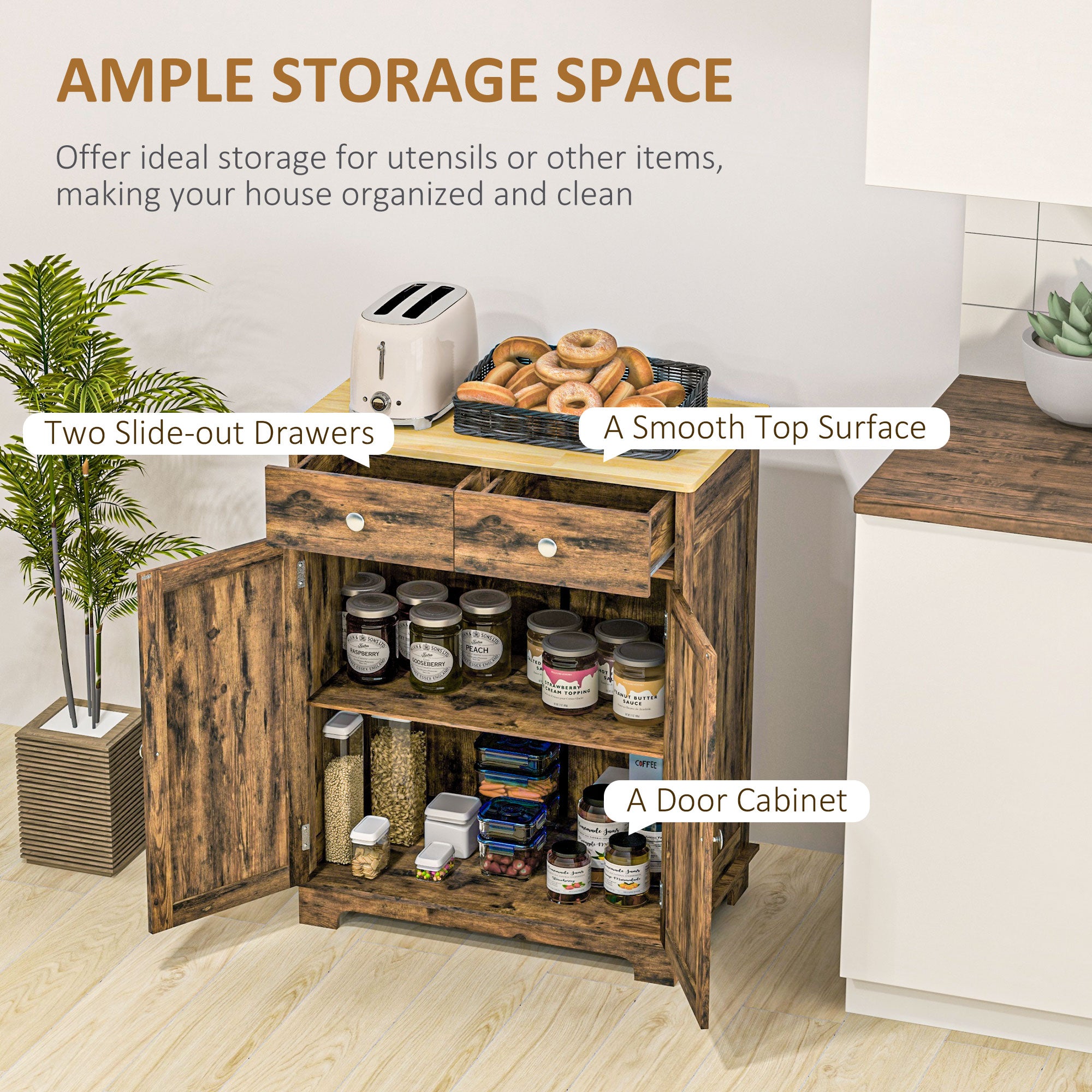 Kitchen Storage Cabinet, Sideboard Floor Cupboard with Solid Wood Top, Adjustable Shelf, and 2 Drawers, Brown