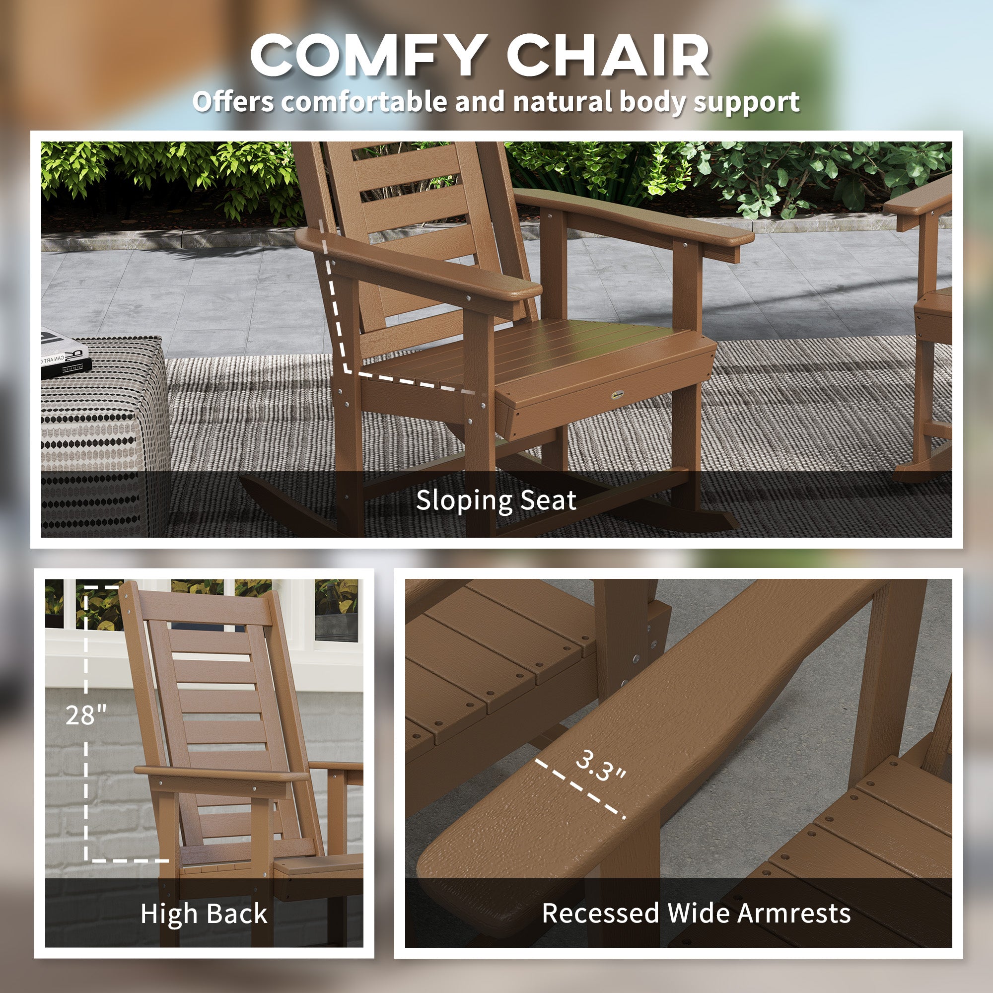 2 Pieces Outdoor Rocking Chairs, HDPE Patio Rockers with 28" High Back, Wide Armrests for Porch Backyard, Brown