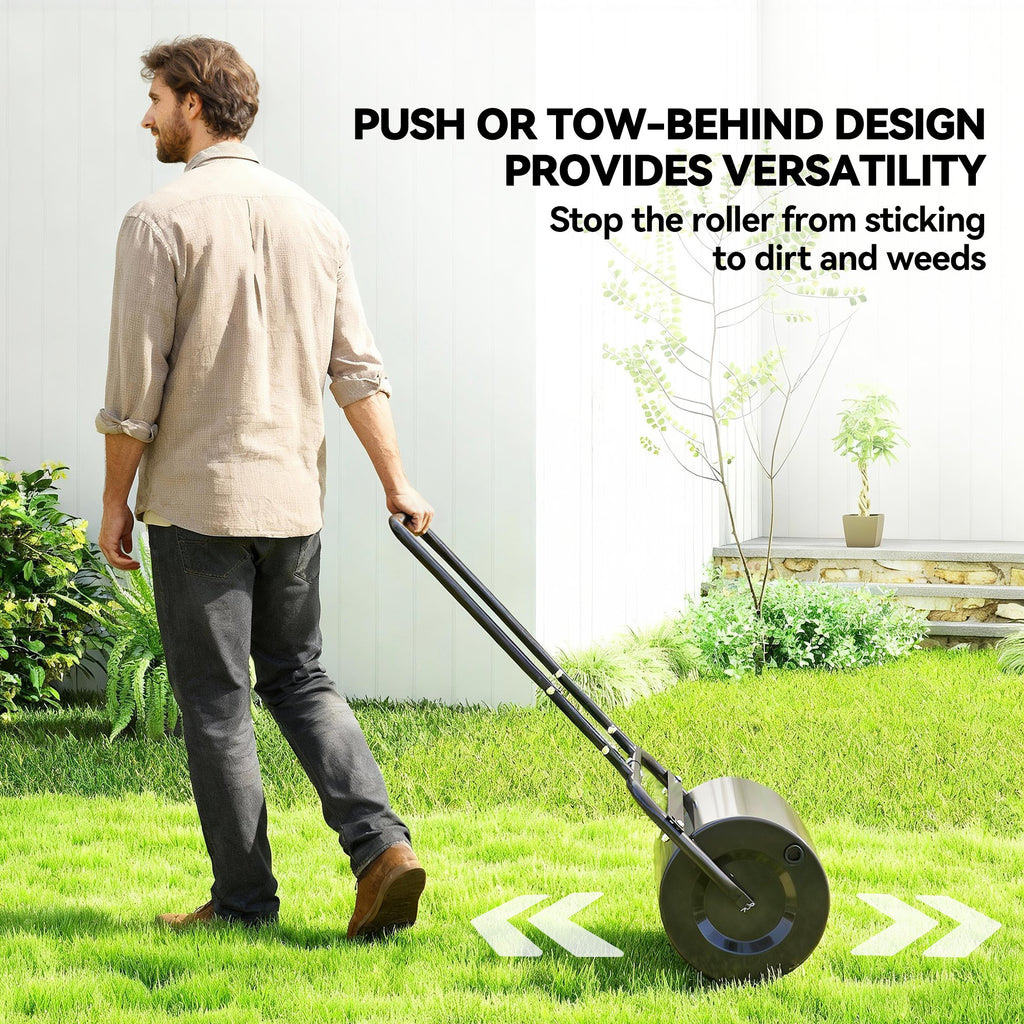 20-Inch Push/Tow Behind Lawn Roller Filled with 10 Gal Water or Sand for Flattening Sod in the Garden, Black