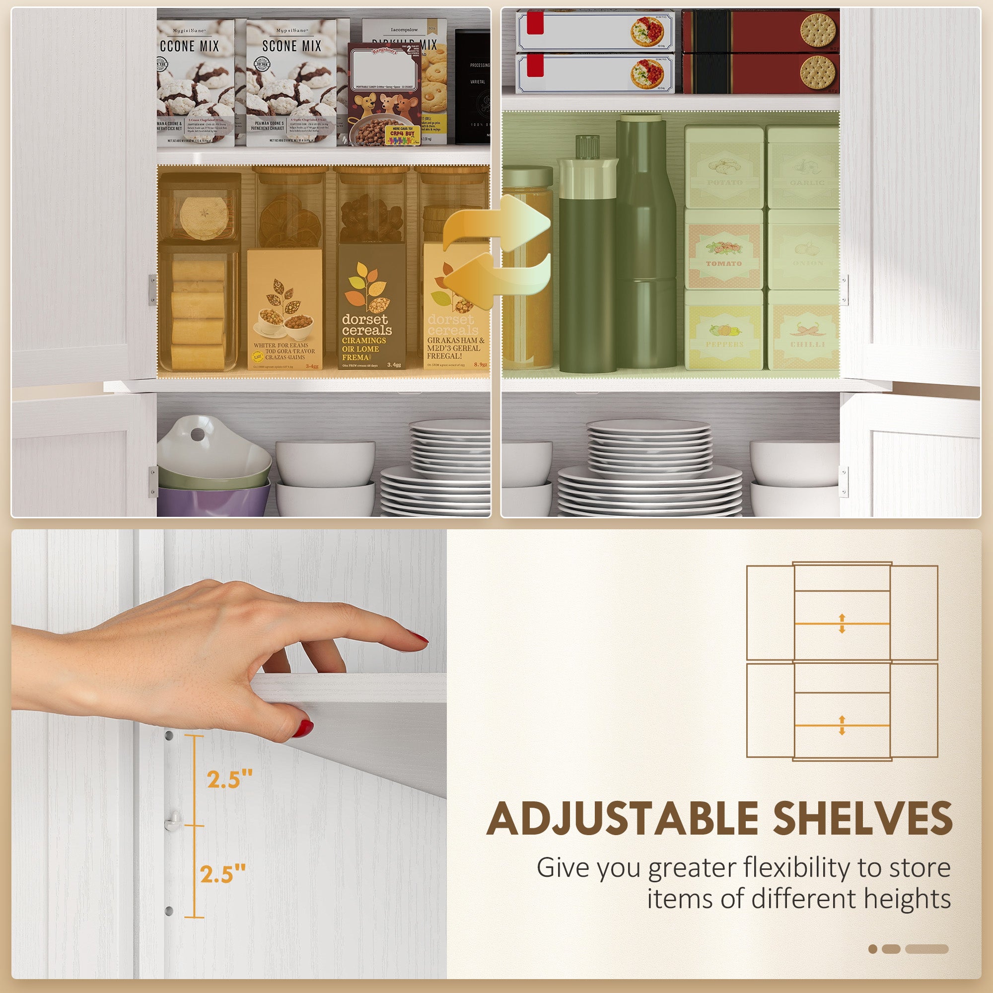 72" Kitchen Cabinet, Pantry Storage Cabinet with Doors and Shelves, Freestanding Food Pantry Cabinet, White Wood Grain