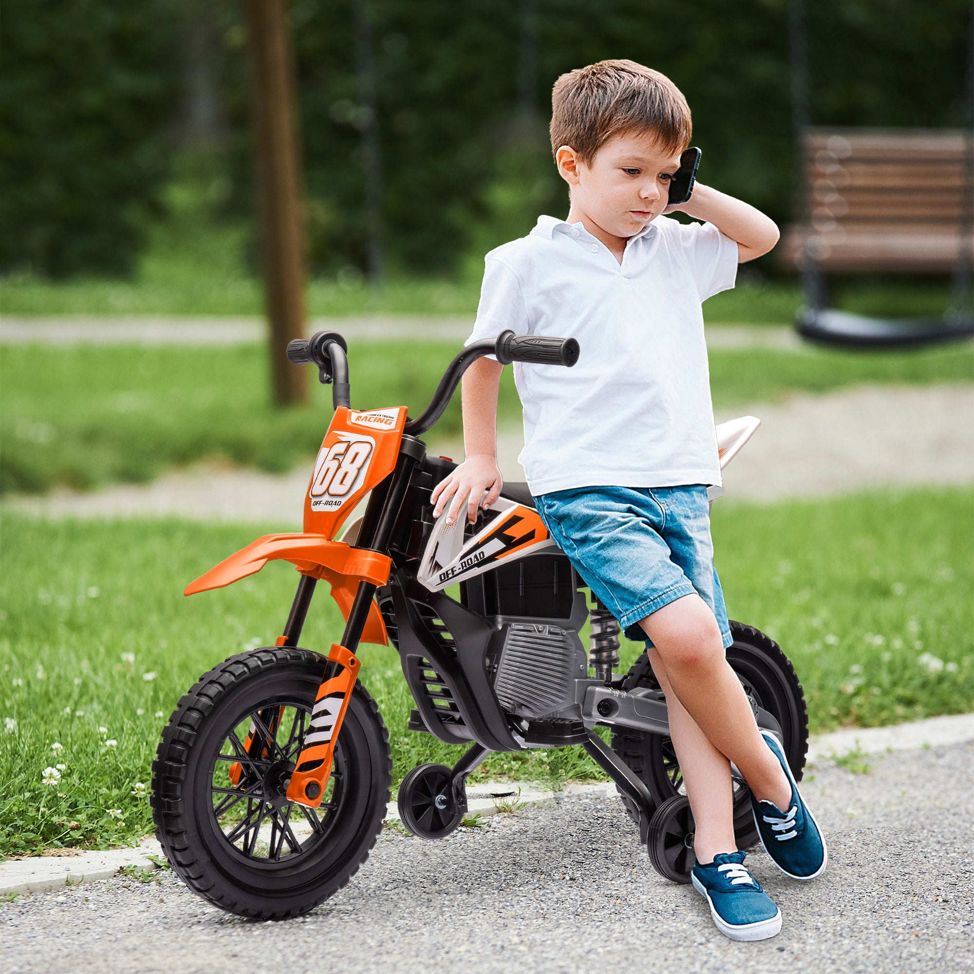 12V Kids Electric Motorcycle w/ Twist Grip Throttle, Training Wheels, Rear Suspension & Music, Orange