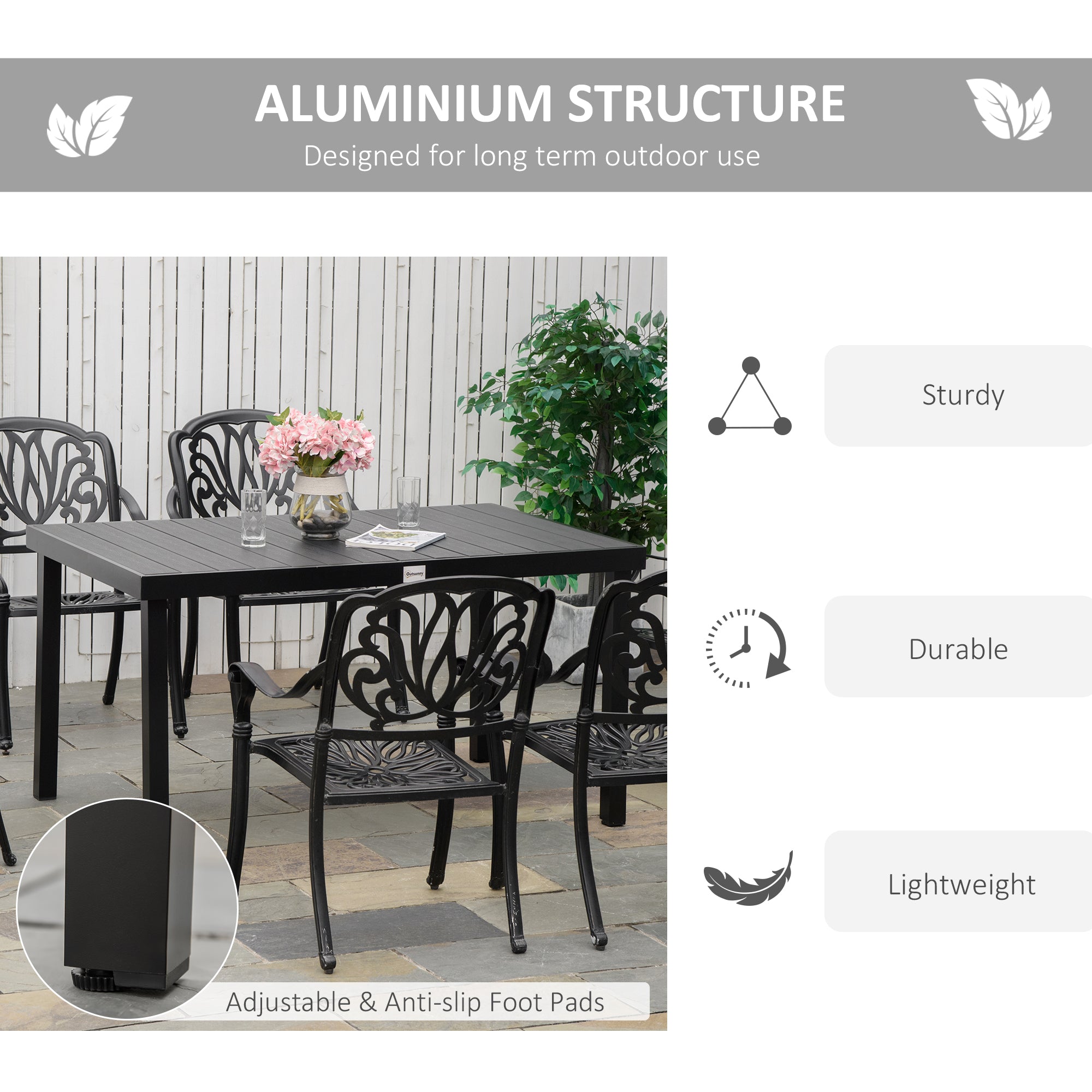Outdoor Dining Table for 6 Person, Rectangular Patio Table, Aluminum Metal Legs for Garden, Lawn, Patio, Woodgrain Black