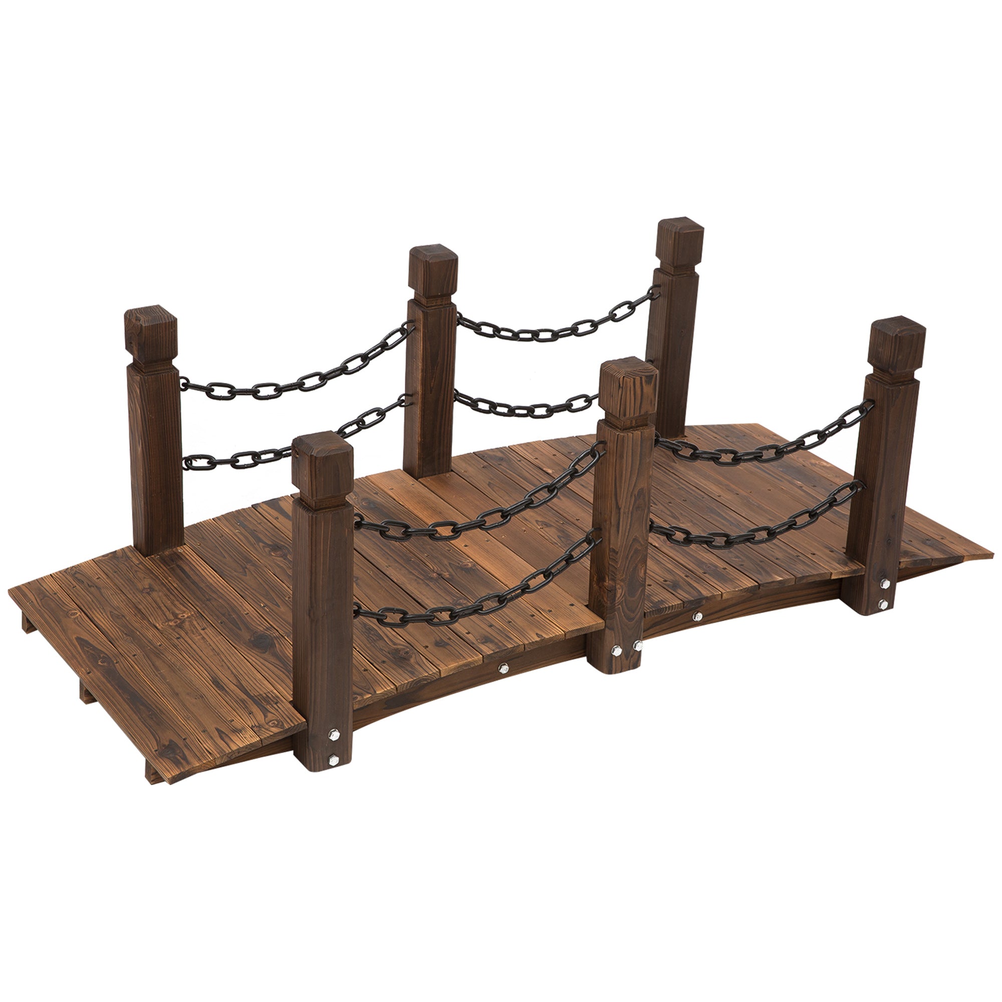 5 ft Wooden Garden Bridge Arc Footbridge with Metal Chain Railings & Solid Fir Construction, Carbonized