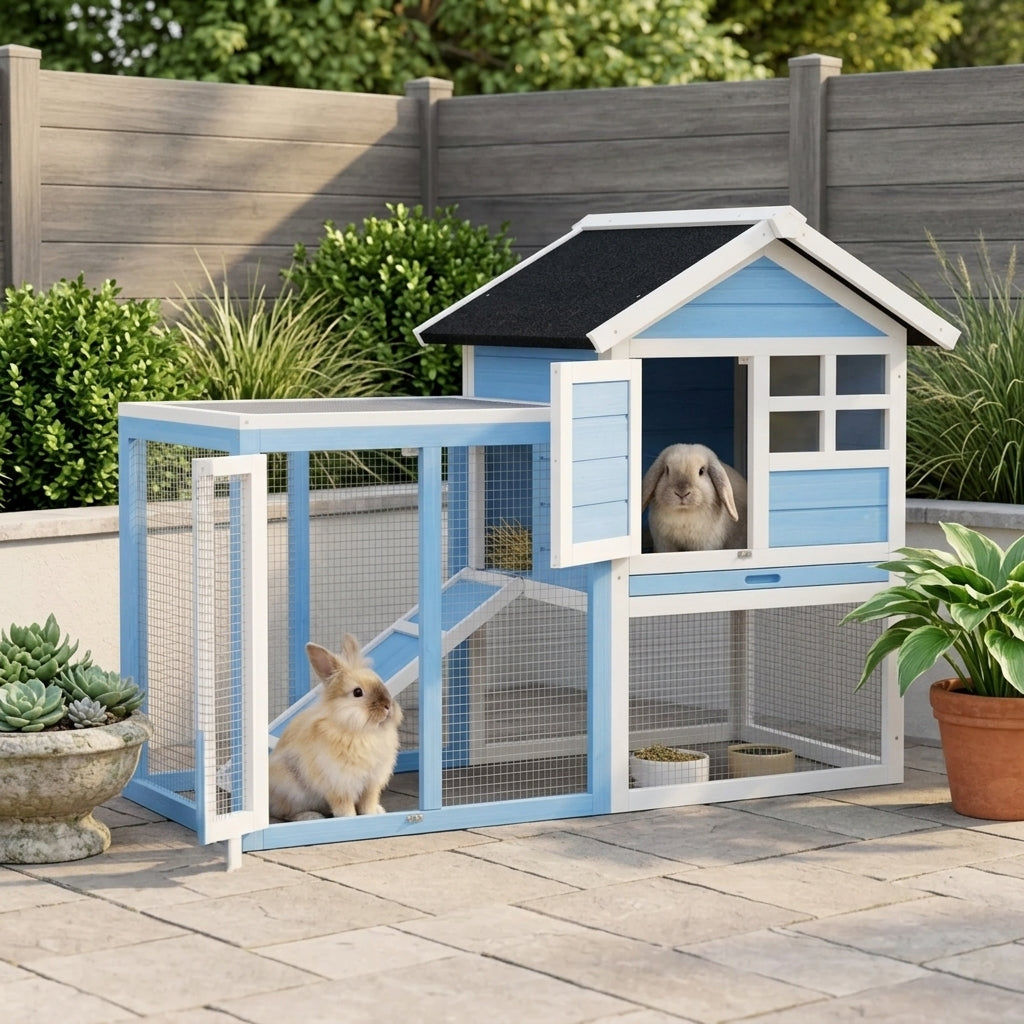 49" Wooden Rabbit Hutch Bunny Cage with Waterproof Asphalt Roof, Fun Outdoor Run, Removable Tray and Ramp, for Rabbits, Chickens, Ducks, Light Blue