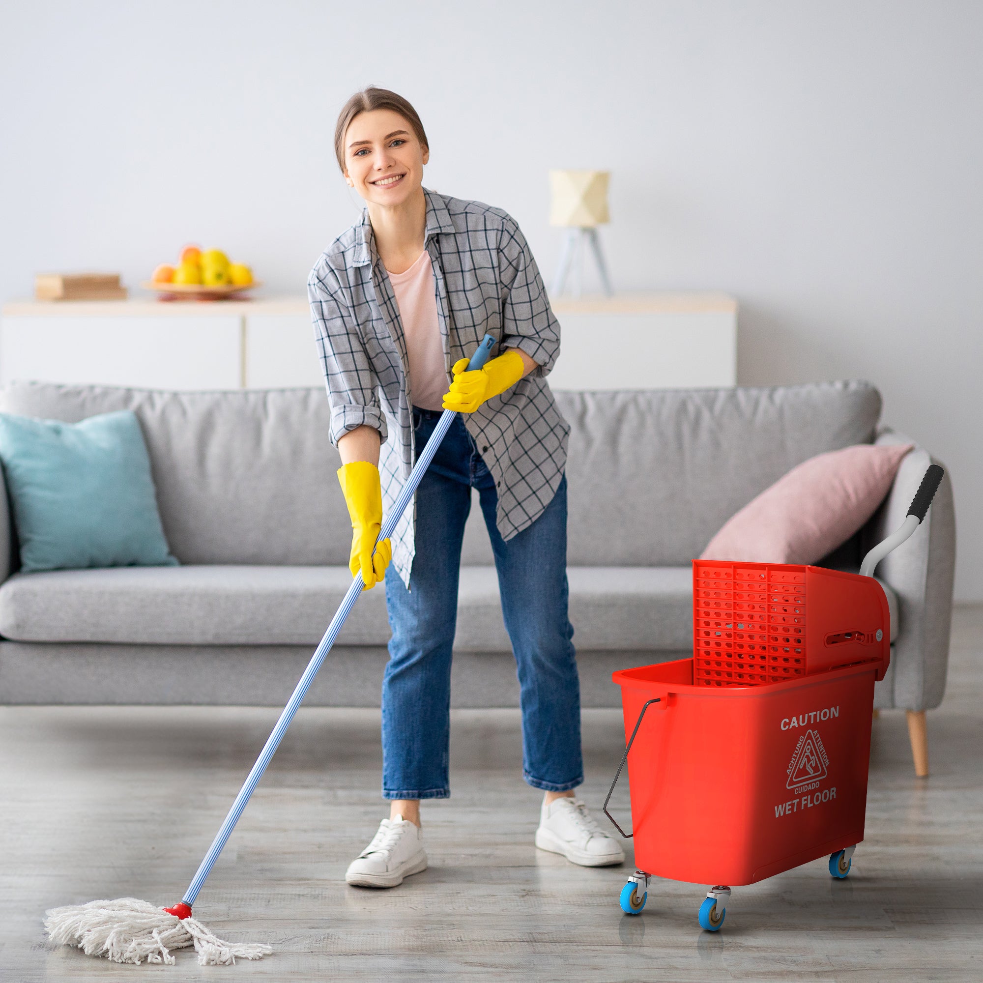 Compact Mop Bucket with Wringer, Mop Bucket on Wheels for Floor Cleaning, 21 Quart, Separate Dirty and Clean Water, Red