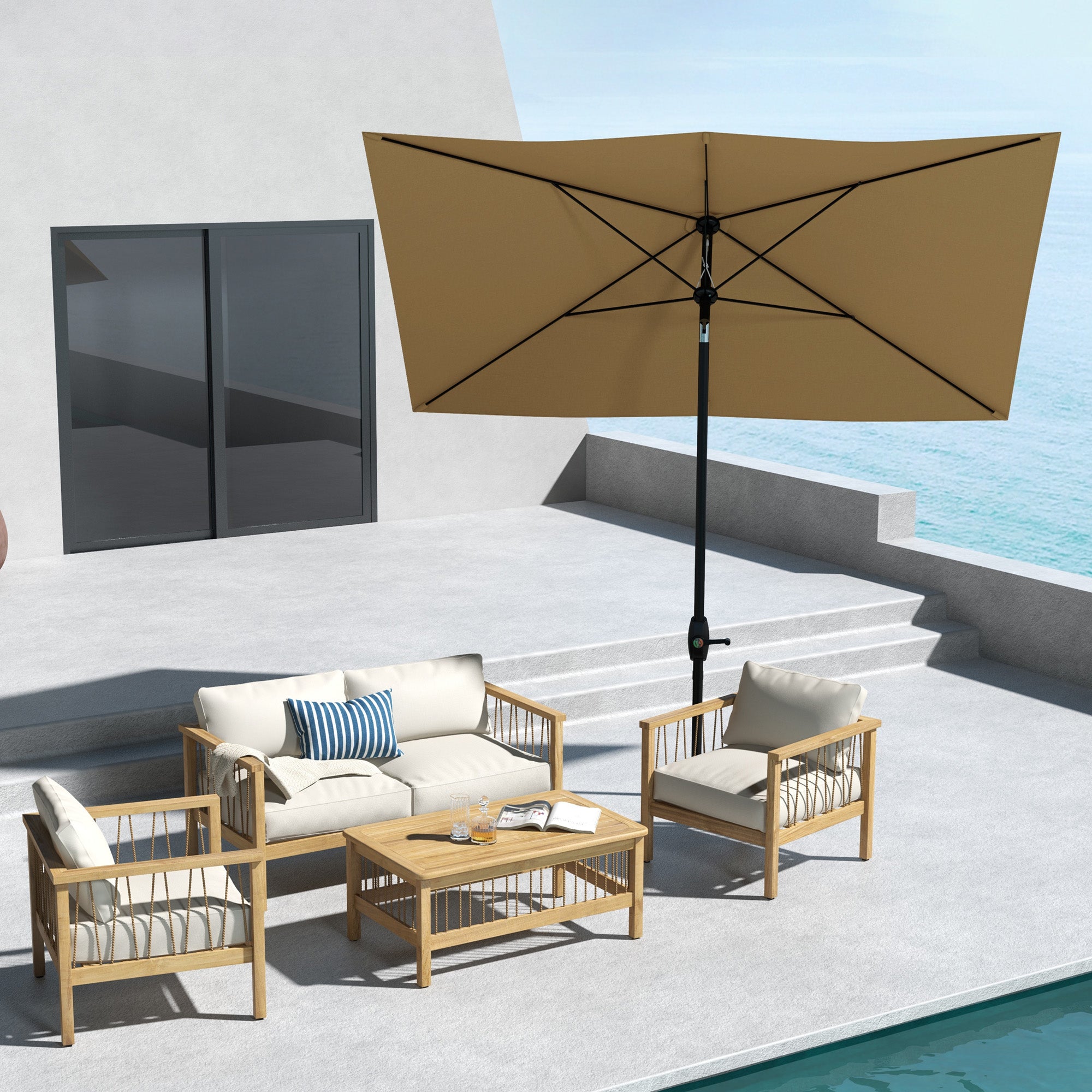 6.6' x 10' Rectangular Market Umbrella, Patio Outdoor Table Umbrella with Crank and Push Button Tilt, Coffee