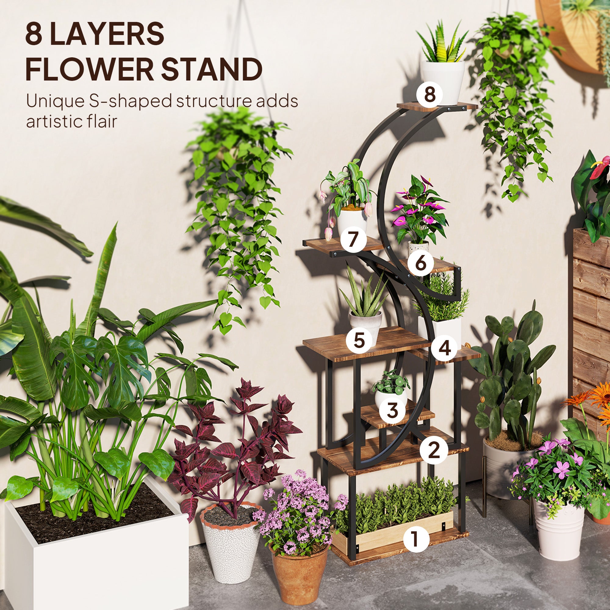 Plant Stand Indoor, 8 Tier 62" S-Shaped Plant Shelf, Corner Plant Rack for Multiple Plants, Carbonised Finish