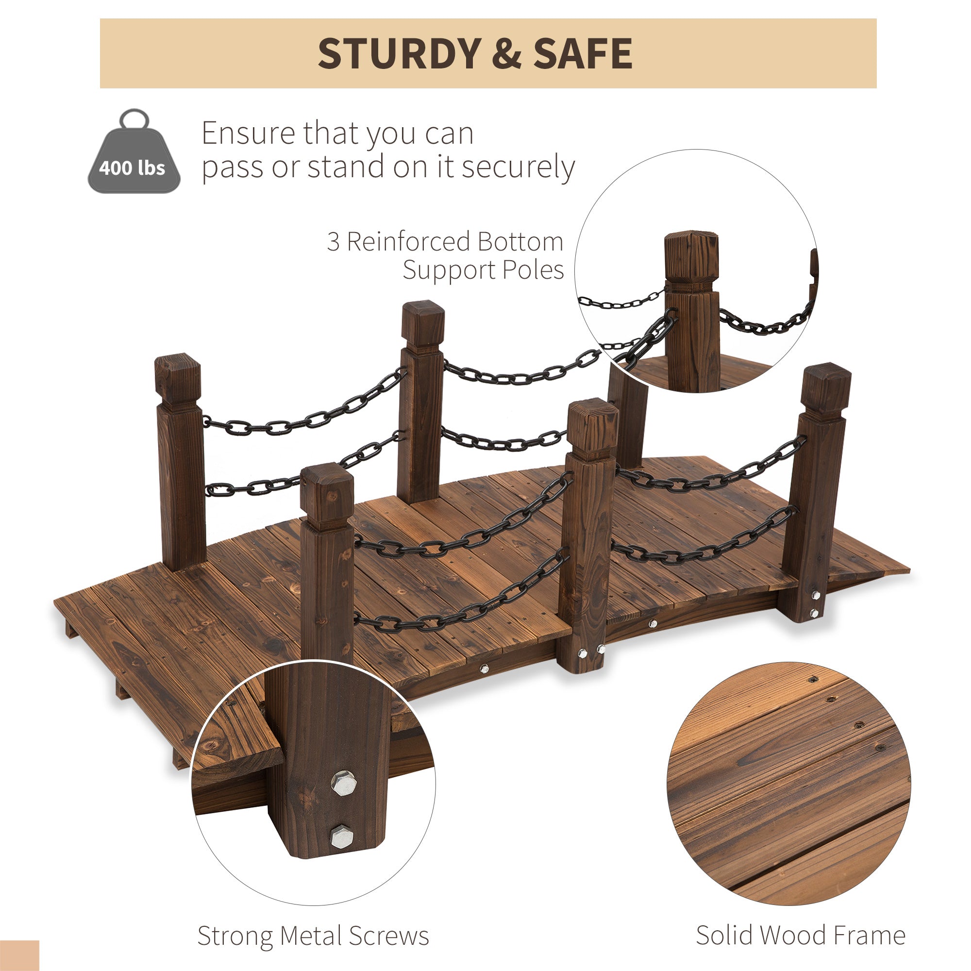 5 ft Wooden Garden Bridge Arc Footbridge with Metal Chain Railings & Solid Fir Construction, Carbonized