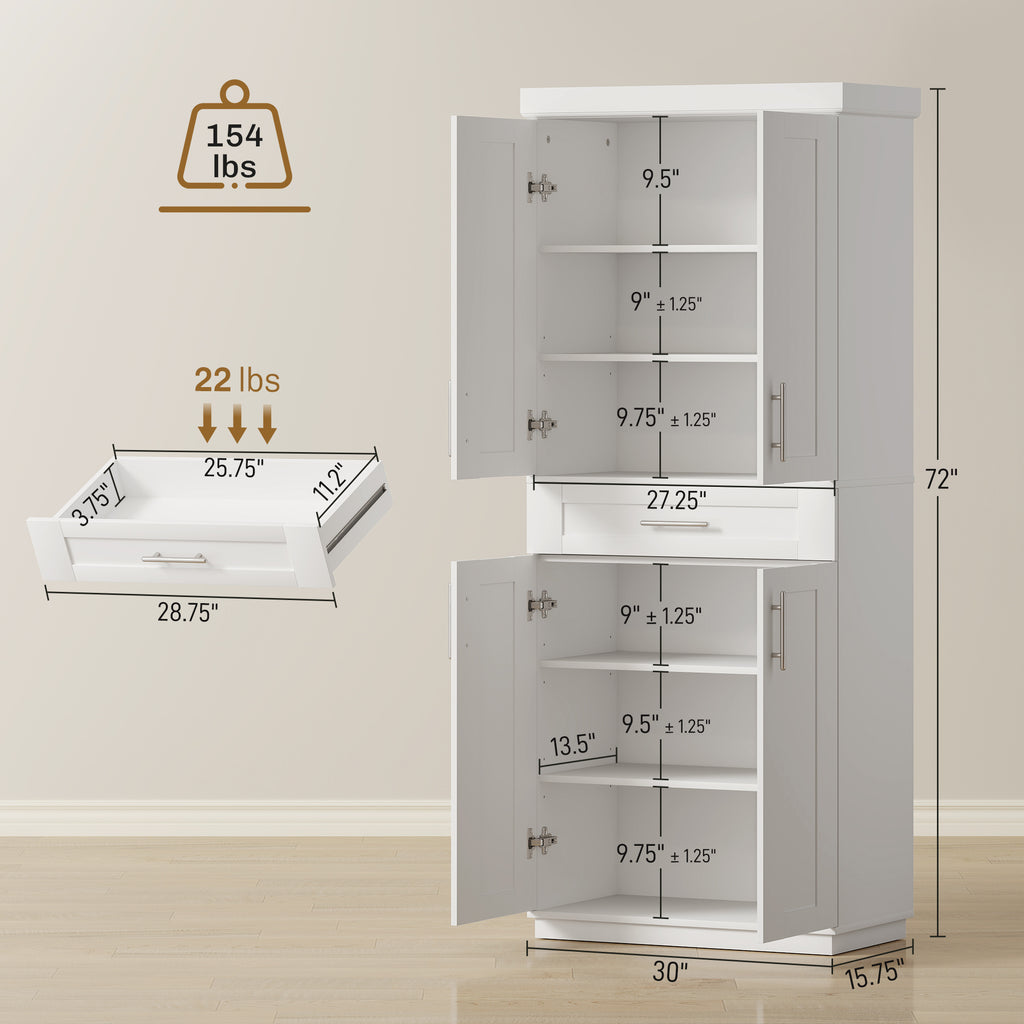 Modern Kitchen Pantry Freestanding Cabinet Cupboard with Doors and Drawer, Adjustable Shelving, White