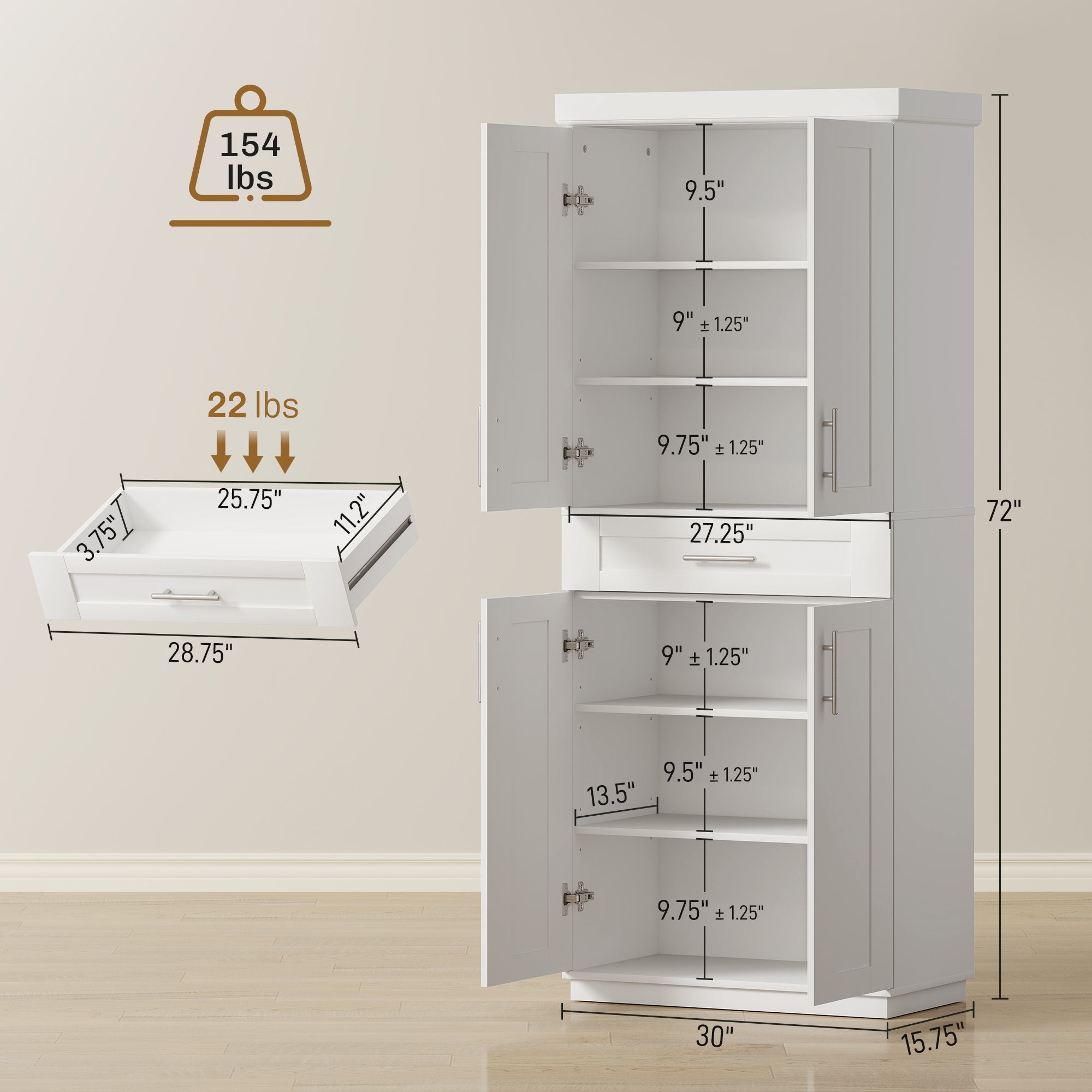 Modern Kitchen Pantry Freestanding Cabinet Cupboard with Doors and Drawer, Adjustable Shelving, White