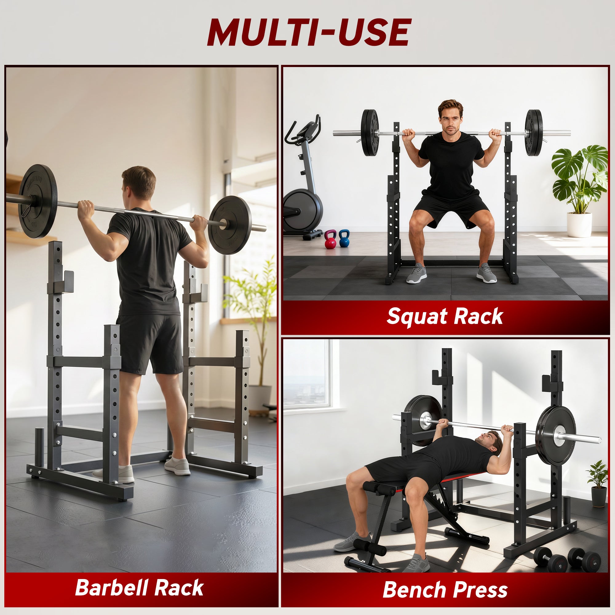 Adjustable Squat Rack, 660lbs Multi-Functional Bench Press Rack for Weight Lifting Home Gym Strength Training, Black