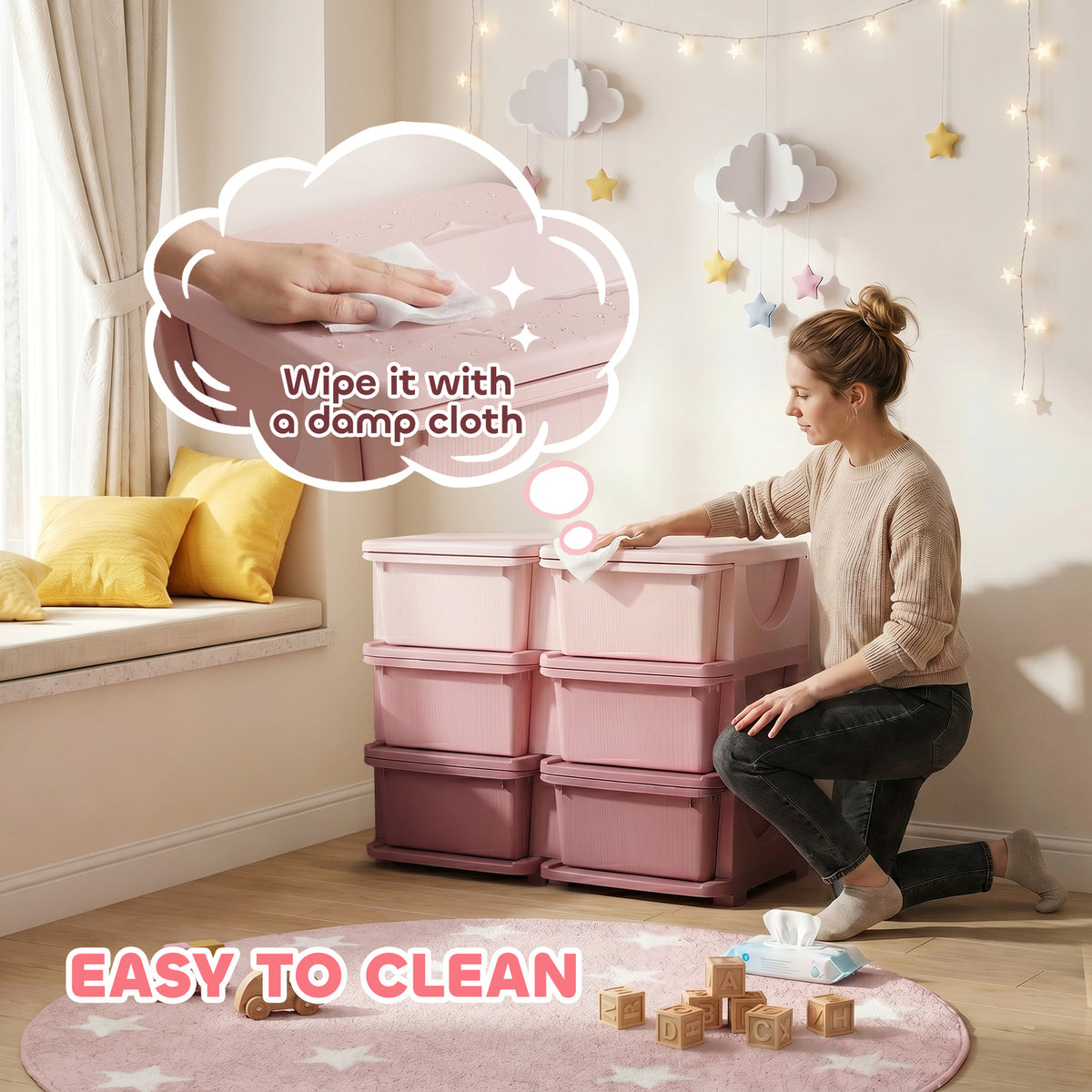 3 Tier Kids Storage Organizer with 6 Drawers for Bedroom, Nursery, Kindergarten, Living Room, Boys and Girls, Pink