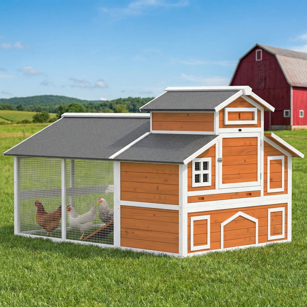 79"L Chicken Coop with Run for 6 Chickens, Wooden Chicken House with Nesting Boxes and Pull-Out Tray