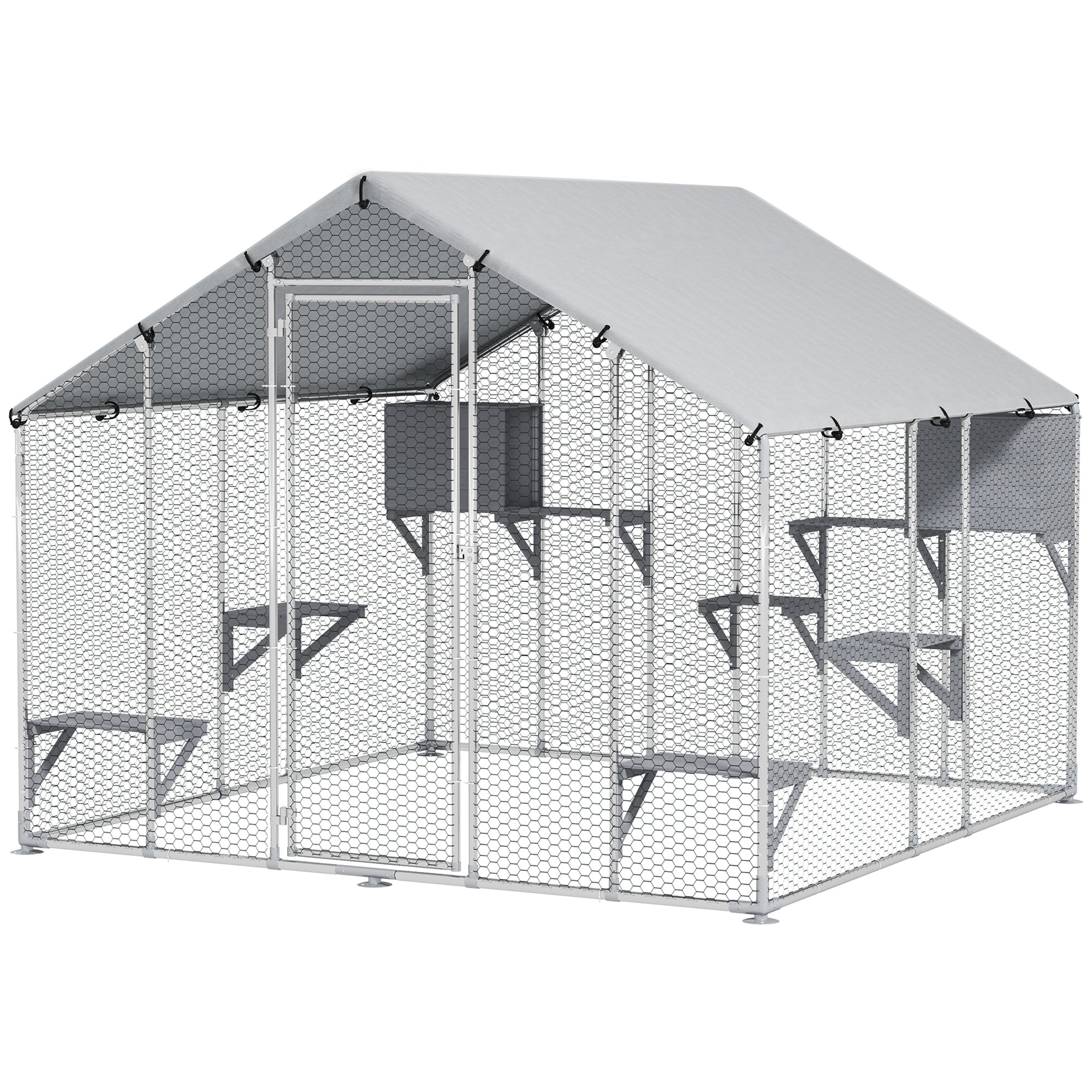 95" Extra Large Metal Outdoor Catio with Waterproof Cover, 2 Resting Boxes, 7 Jumping Platforms, for Multiple Cats